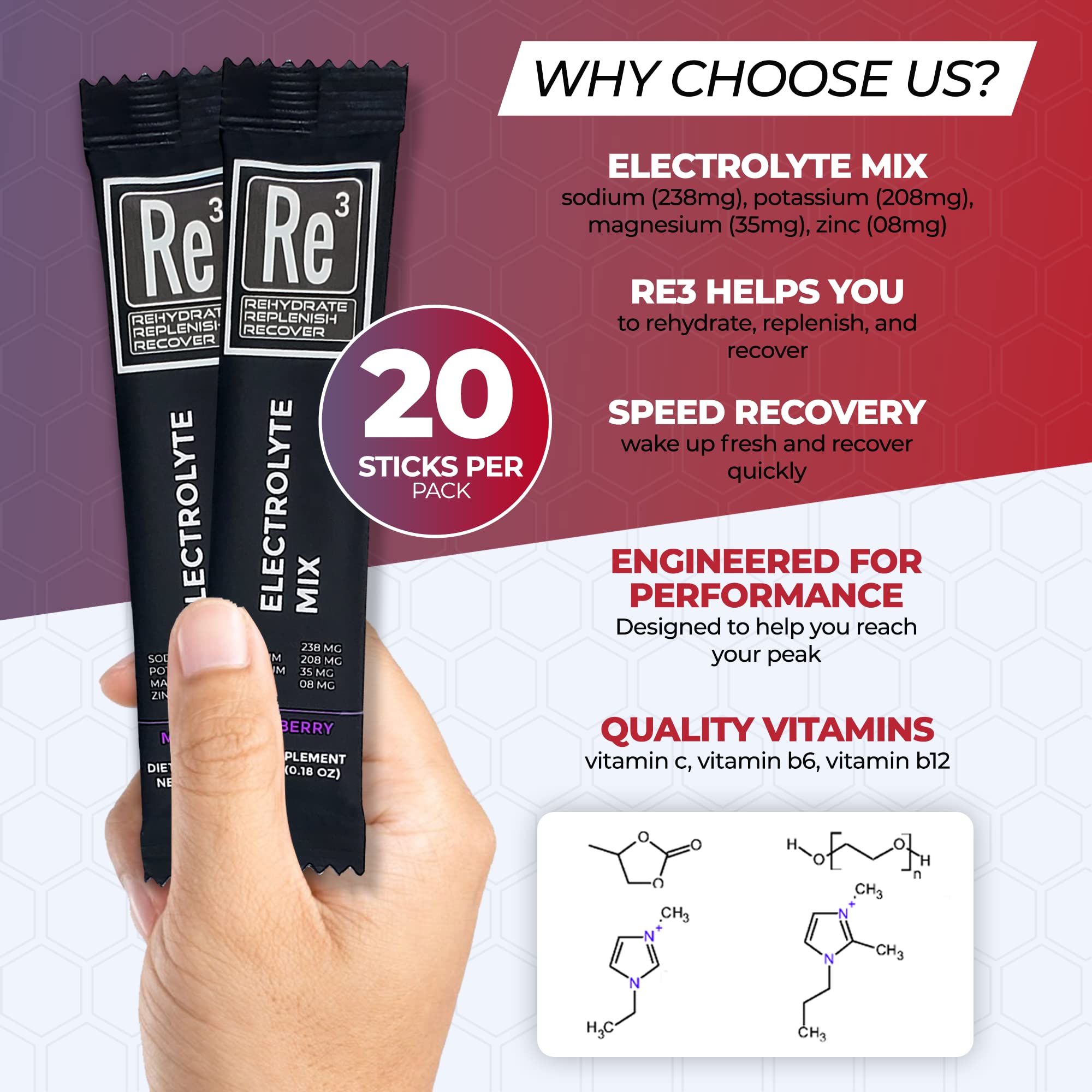 Re3 - Rehydrate - Replenish - Recover Electrolyte Powder Packets. No Sugar, 7 Cal, 1.4 Carbs. The best mix of vitamins and minerals (Mixed Berry)