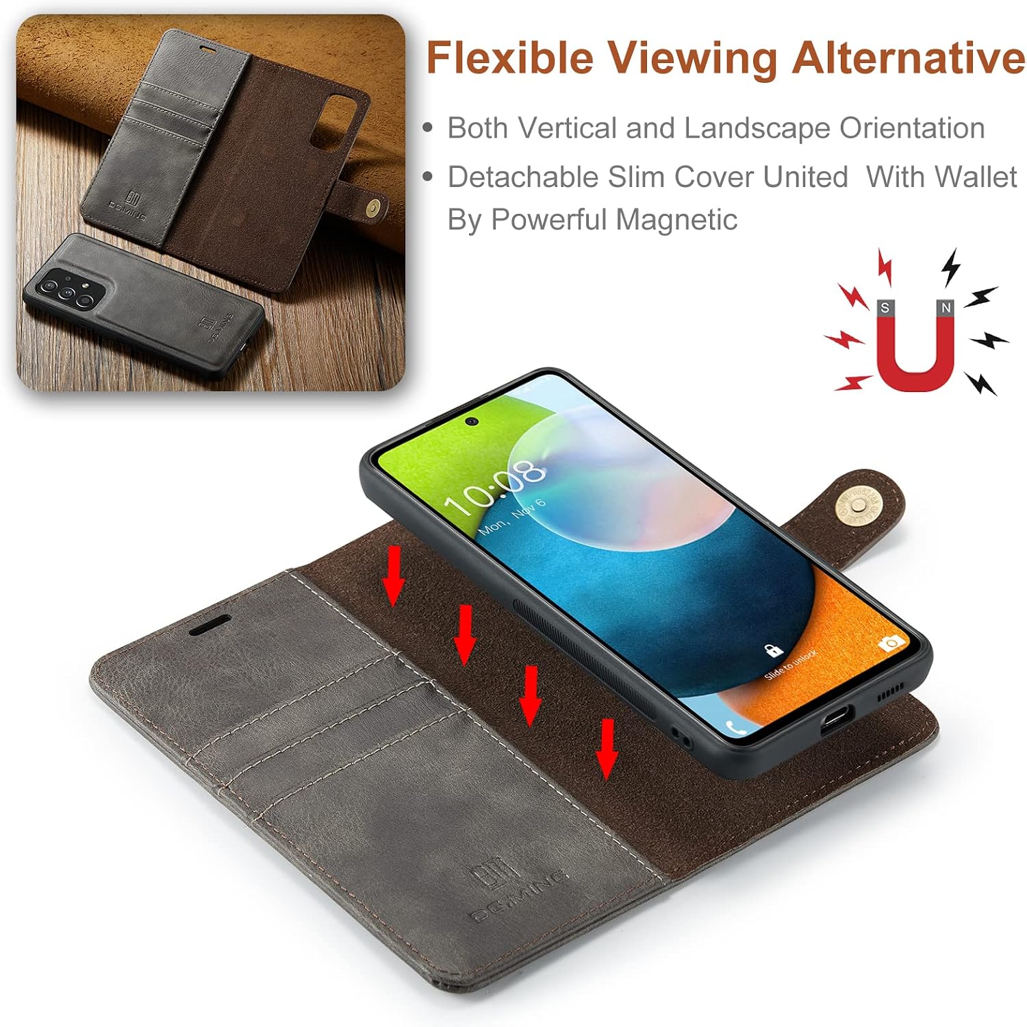 Detachable 2 in 1 Split Magnetic Flip Folio Wallet Case Compatible with Samsung Galaxy A53 5G Genuine Leather Phone Case with 3 Card Holder Slots Kickstand Shockproof Cover(Grey)