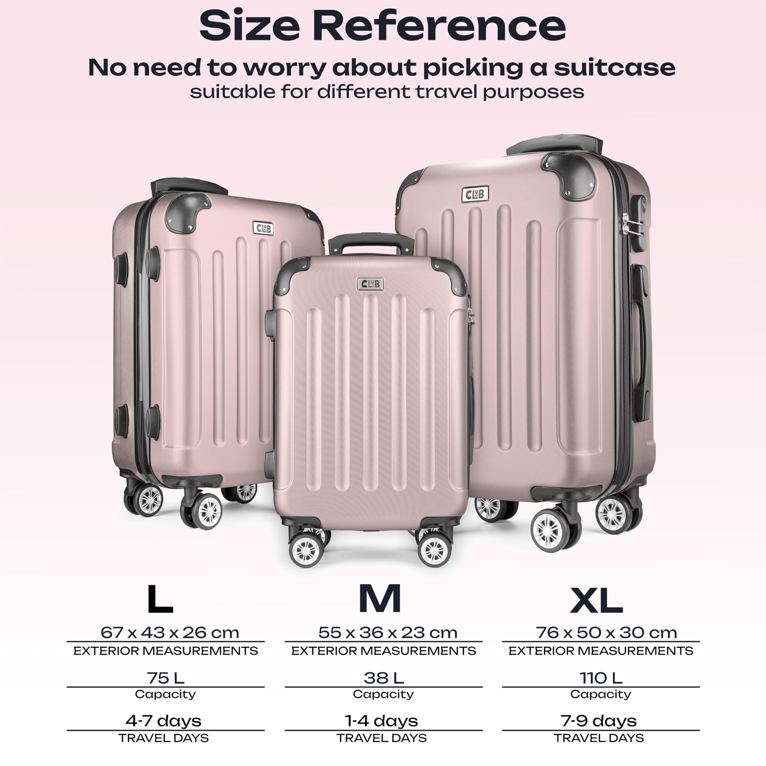 POSH Valigia rigida con ruote trolley bagaglio a mano, grande, media, piccola in ABS, Set di valigie leggere da 3 pezzi nelle misure M-L-XL (rosa cipria, M)