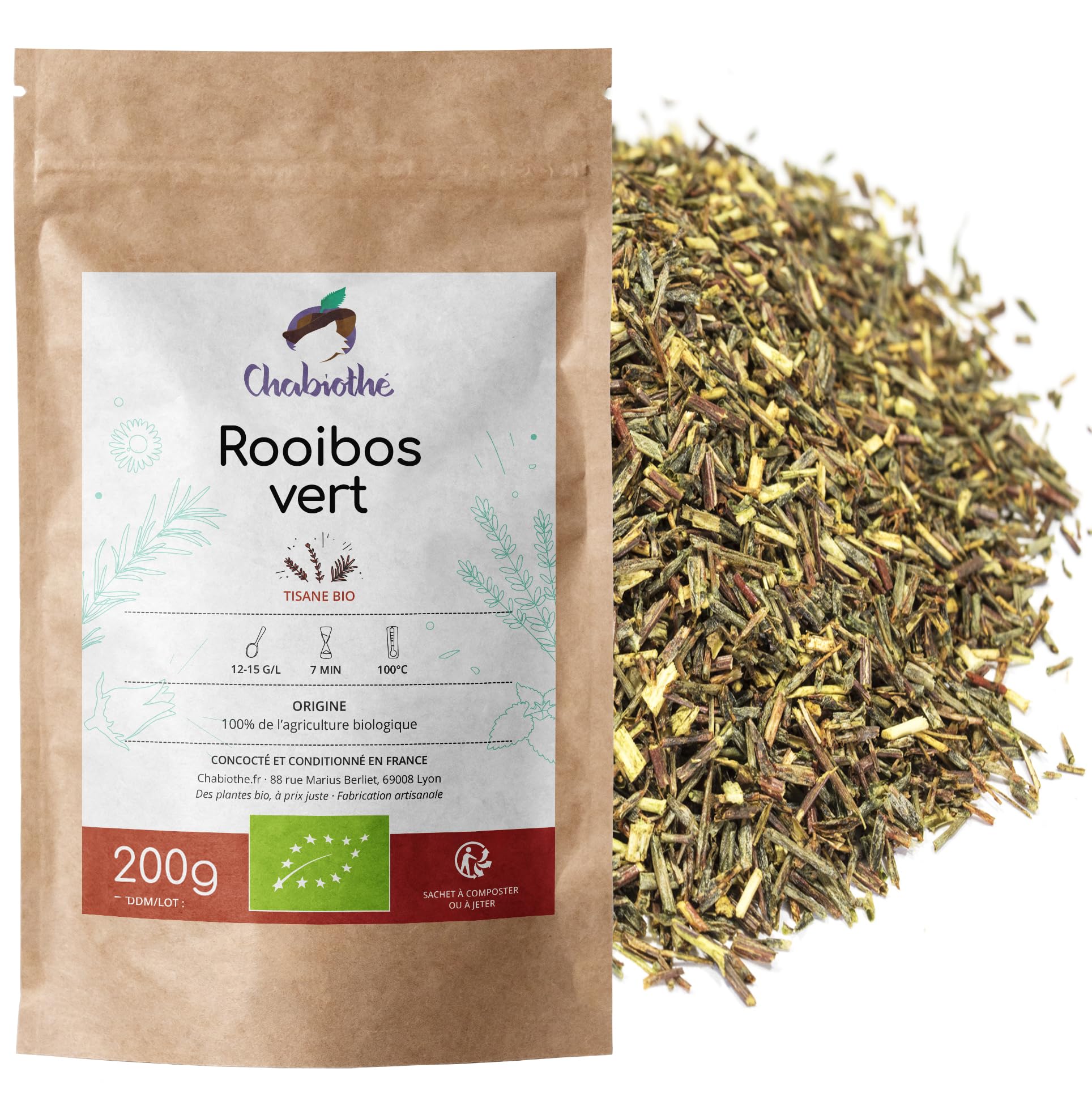 Rooibos verde BIO 200 g sin teína no fermentado bolsa biodegradable