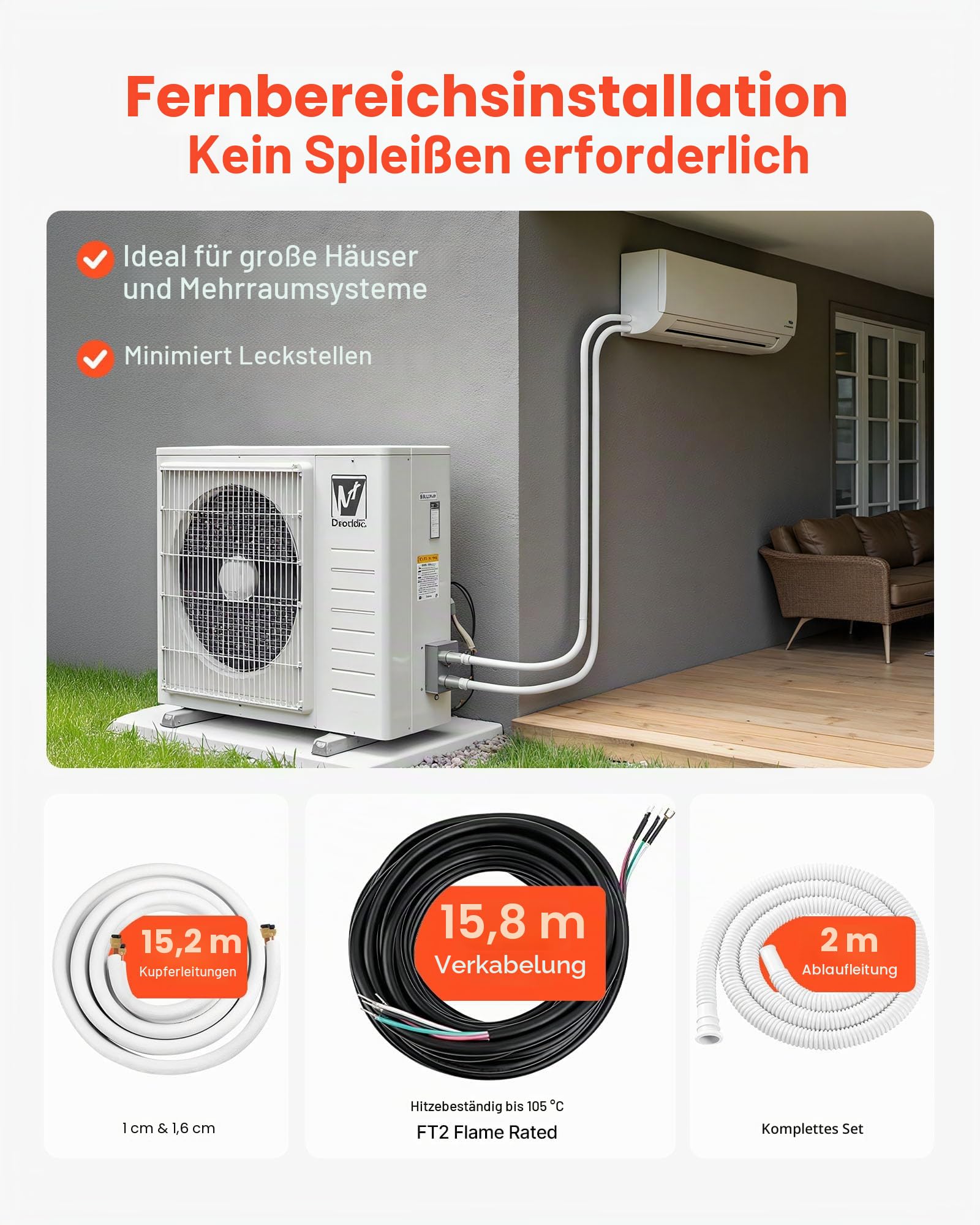 VEVOR Kältemittelleitung 15,24 m, Kupferleitung 9,5 & 15,9 mm Außendurchmesser, AC-Kupferrohr, PE-isolierte Spule mit Bördelmuttern, für Mini-Split-Klimaanlage, HVAC oder Wärmepumpensystem