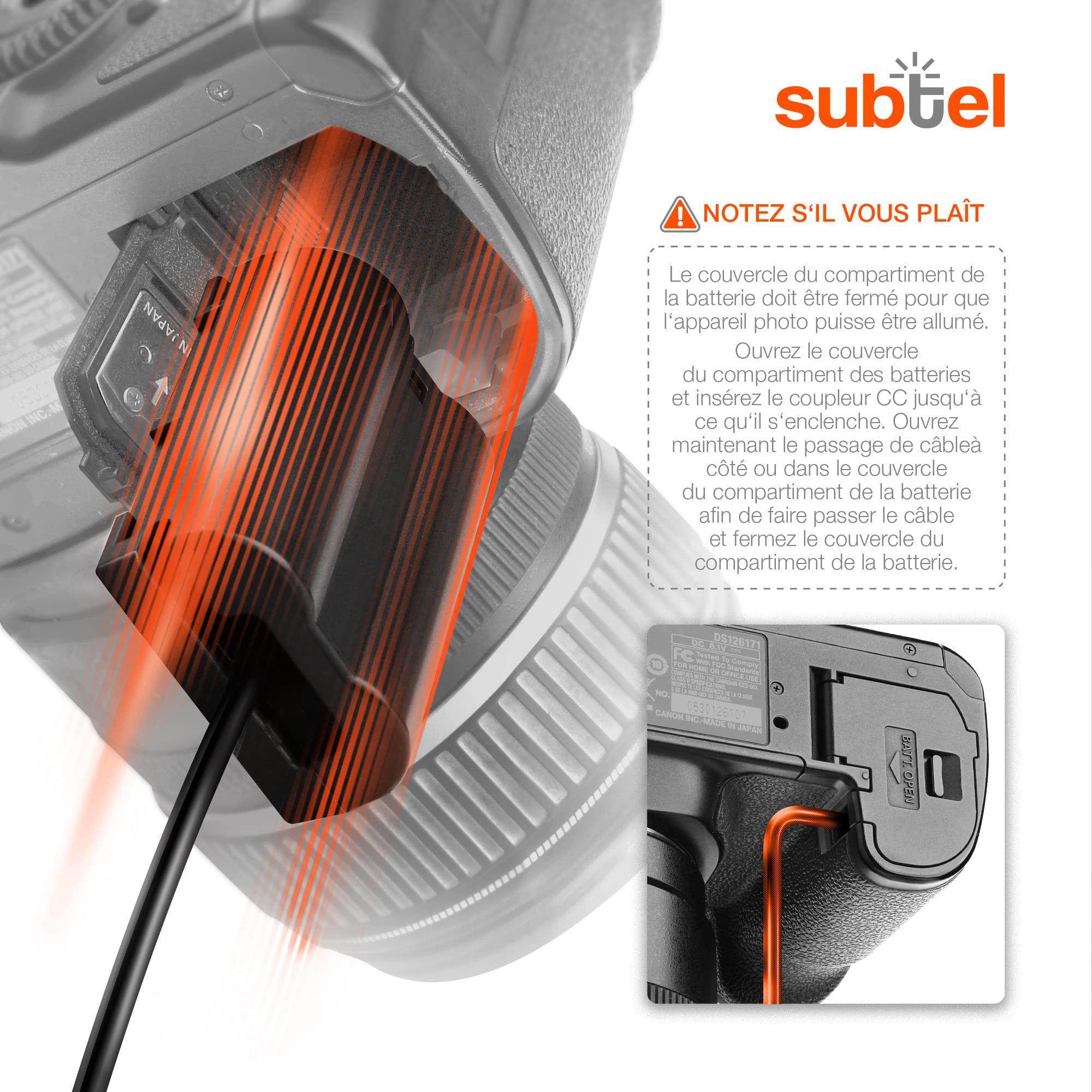 subtel Alimentation + Coupleur DC accumulateur factice Appareil Photo EH-5 + EP-5B, EH-5a EH-5b EH-5c Compatible avec DC Coupler, Accu Dummy ca. 3,5m Charge Timelapse