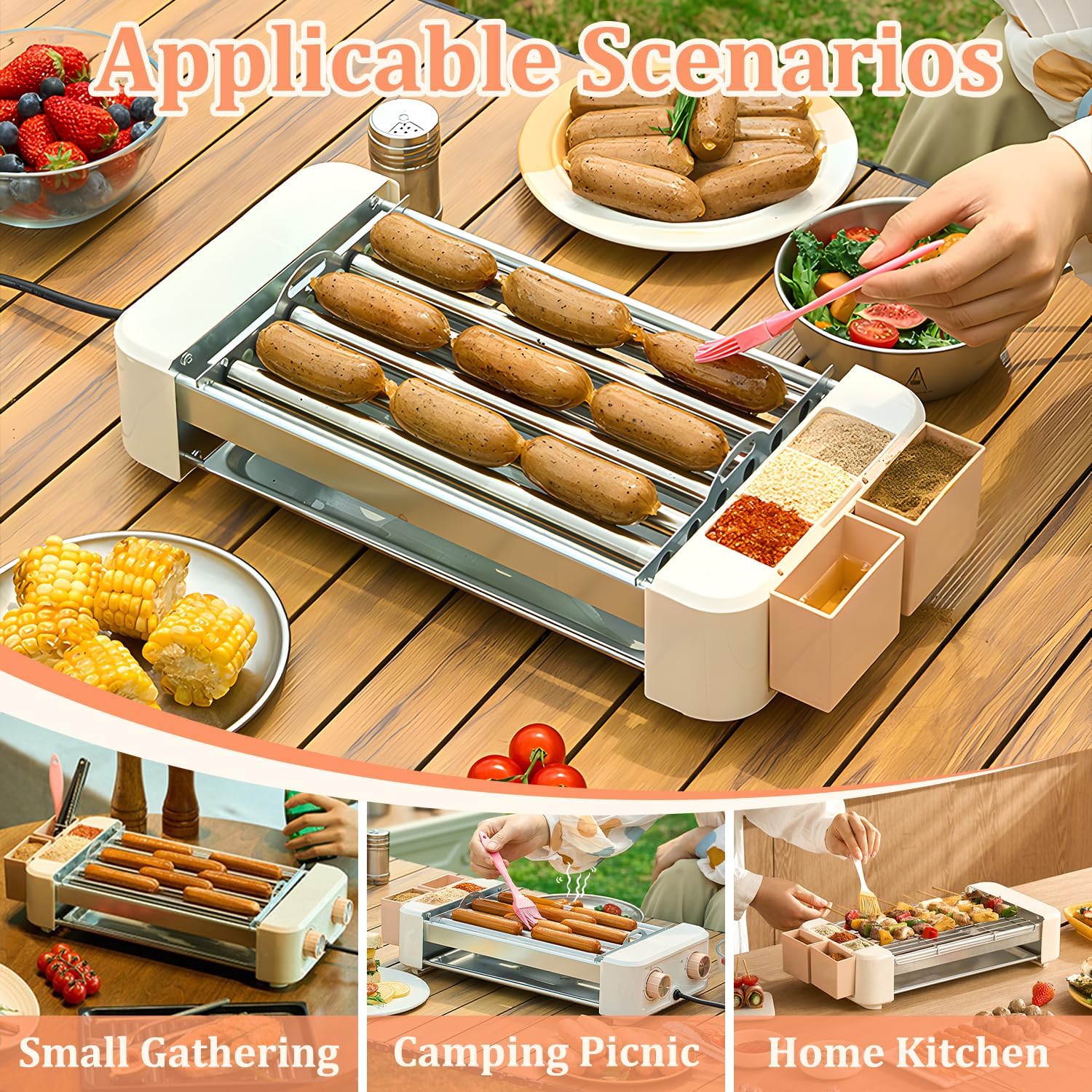 Hot Dog Roller, 3 in 1 Hot Dog Machine 6 Rollers, 3-Speed Control Hotdog Roller Grill, Non-Stick Removable Grilling & BBQ Plates, for Family Gatherings & Outdoor BBQ, Easy to Clean