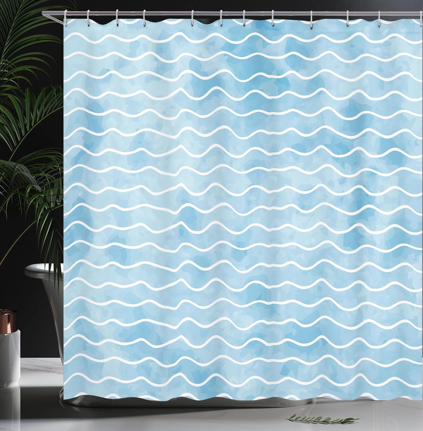 Ambesonne Nautical Shower Curtain, Soft Pastel Colored Ocean Sea Waves Pattern Summer Vibes Inspired Graphic, Cloth Fabric Bathroom Decor Set with Hooks, 69" W x 75" L, Pale Blue and White