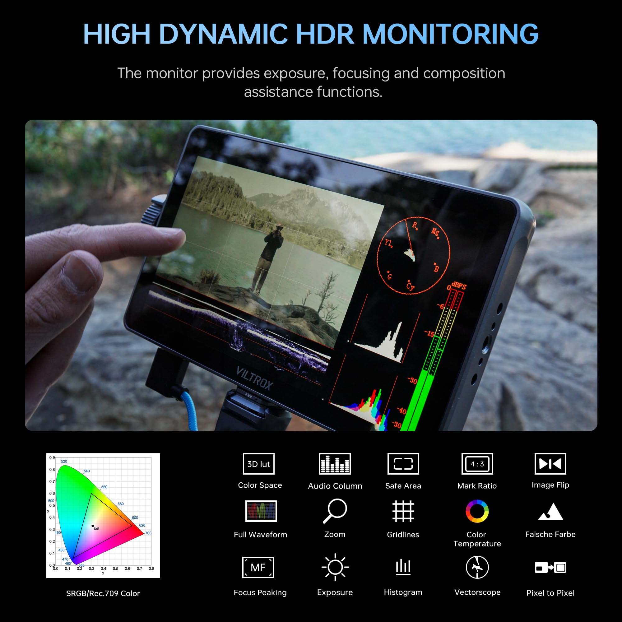 VILTROX DC-A1 2800 Nits Moniteur vidéo avec écran tactile 7 pouces Full HD 1920 x 1080 IPS 4K HDMI Loop in/Out, LUT 3D Forme d'onde Peaking Focus Assist, 170° Large champ de vision