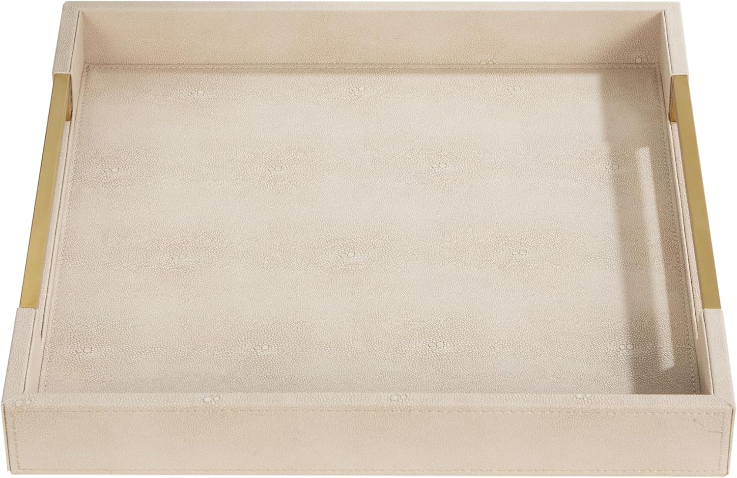 Sagala 16”x16 Ivory Shagreen Leather Serving Tray with Brushed Gold Handles, Wooden Decorative Tray for Ottoman Coffee Table Bathroom Vanity Buffet (Ivory-Gold, Square 16")