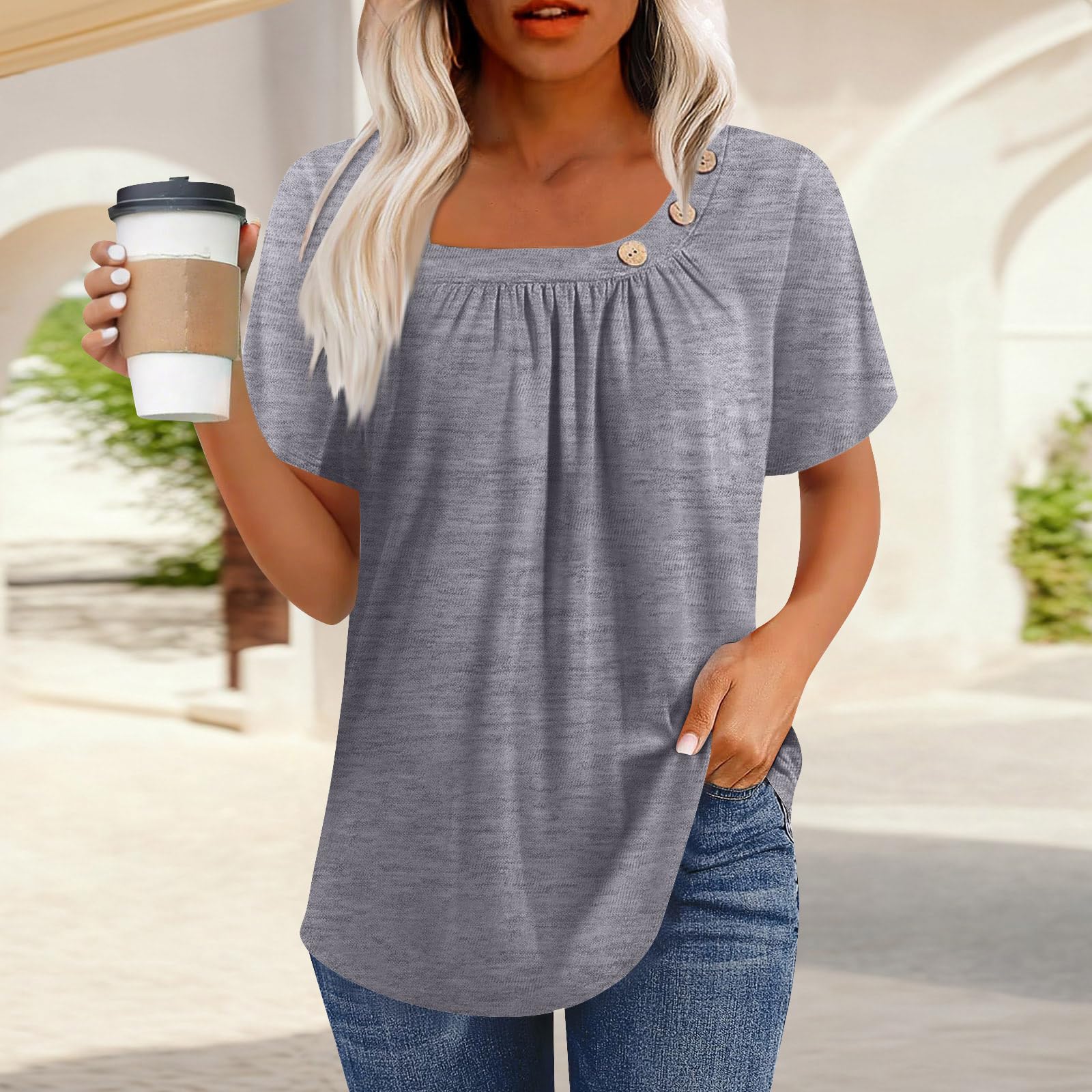 Camicette da donna a maniche corte primaverili eleganti casual vestibilità ampia magliette con bottoni decorazione estiva tinta unita tunica top