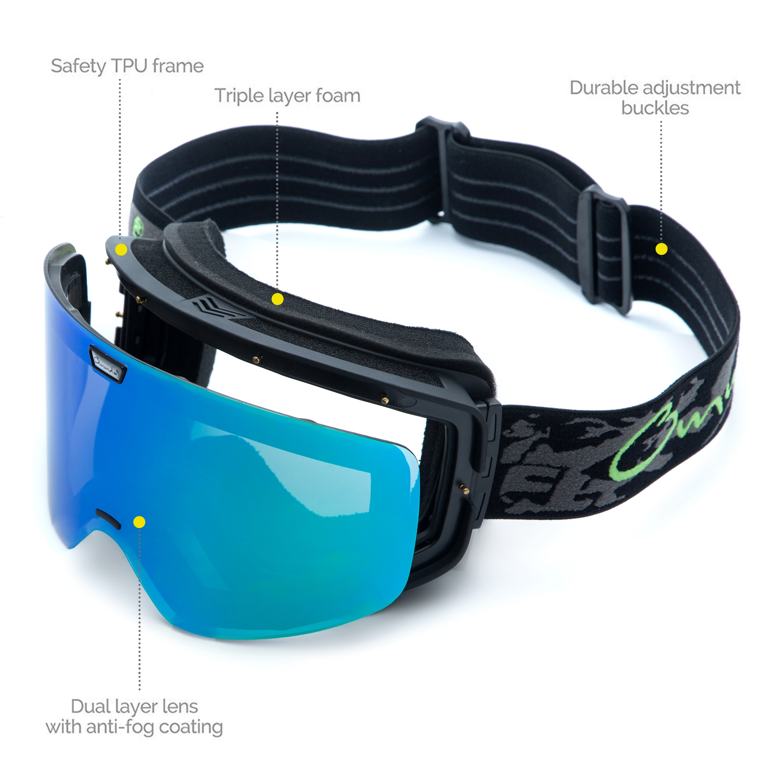 Unisexe Masque de Ski OTG sans Cadre Snowboard avec Objectif Interchangeable, Extra Large Vision Masque de Ski pour Homme et Femme, REVO Green VLT 16.04%