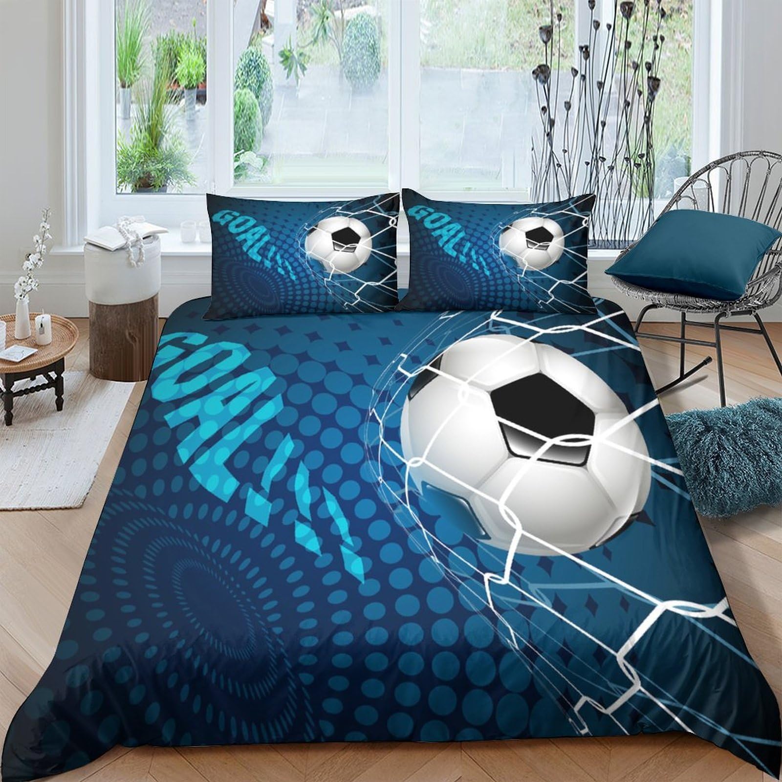 Ctjqhvkz Style-1 3D Printed Football Goal Fitted Sheet Microfiber Blue Soccer Bed Cover For Bedroom Dorm Mattress Protection Decor Single（135X200cm）