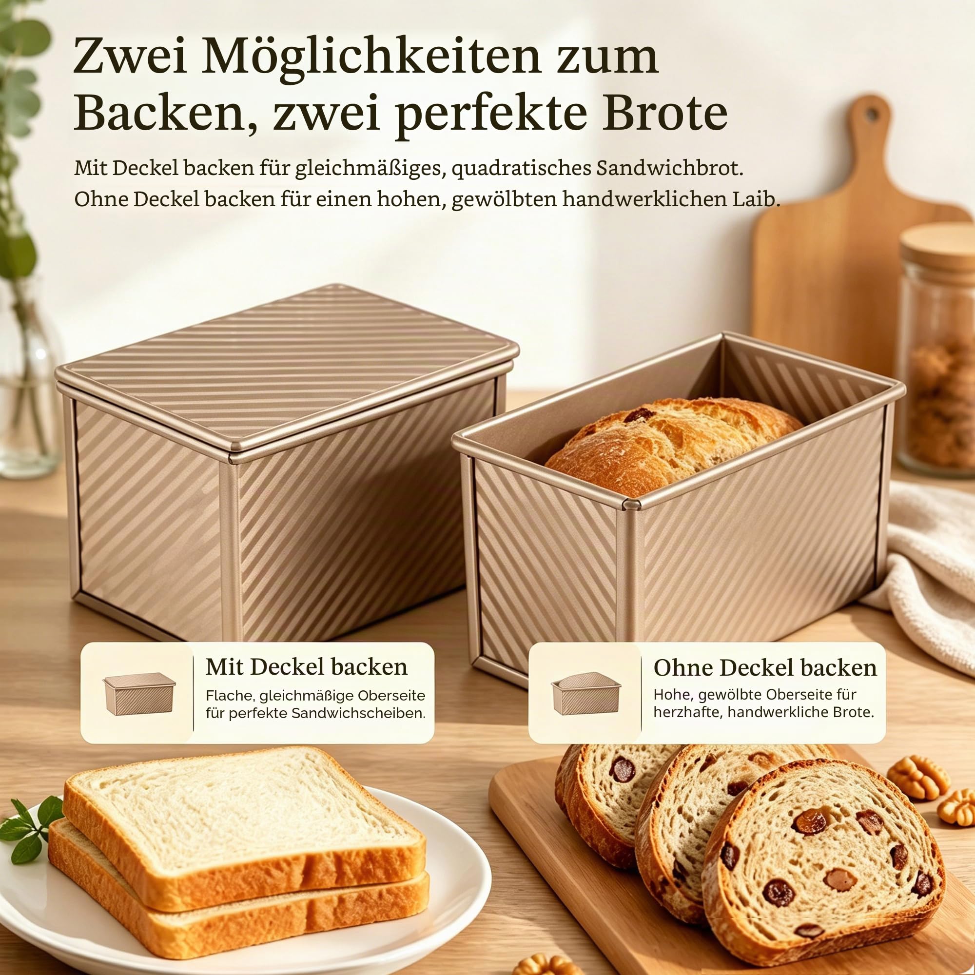 Toastbrot Backform mit Deckel, 1000g und 450g, 2Pcs, Antihaft Pullman Brotbackform, Wellbrotbackform mit Deckel für Brot, Sandwiches und Toast, Gold