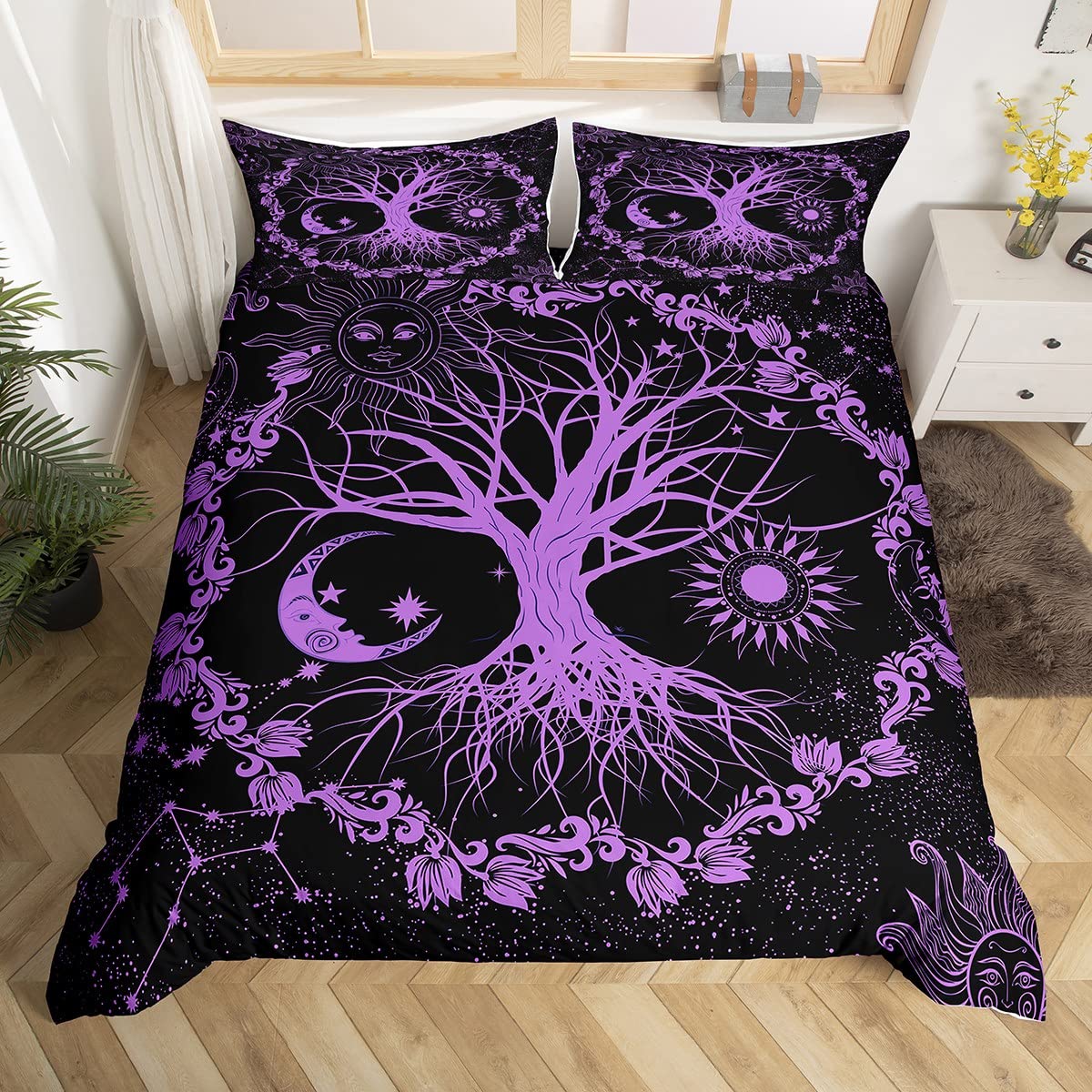 Housse de couette arbre de vie violette sans repassage pour lit