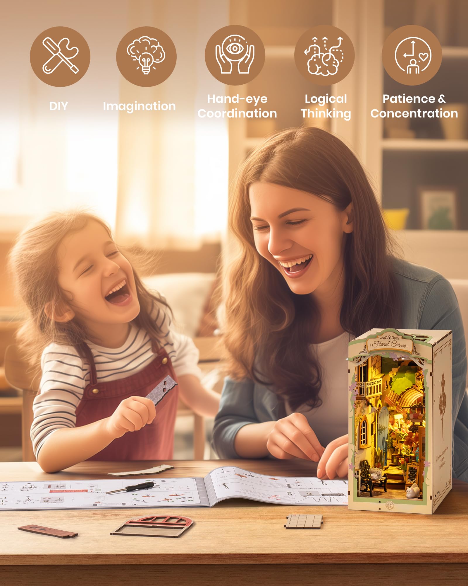 Rolife Book Nook Kit Miniature da costruire Diy Booknook Floral Corner 3d Puzzle Legno con Luci Decorazione Libreria Casa Modellismo da Costruire Adulti Diorama Modellismo TGB09