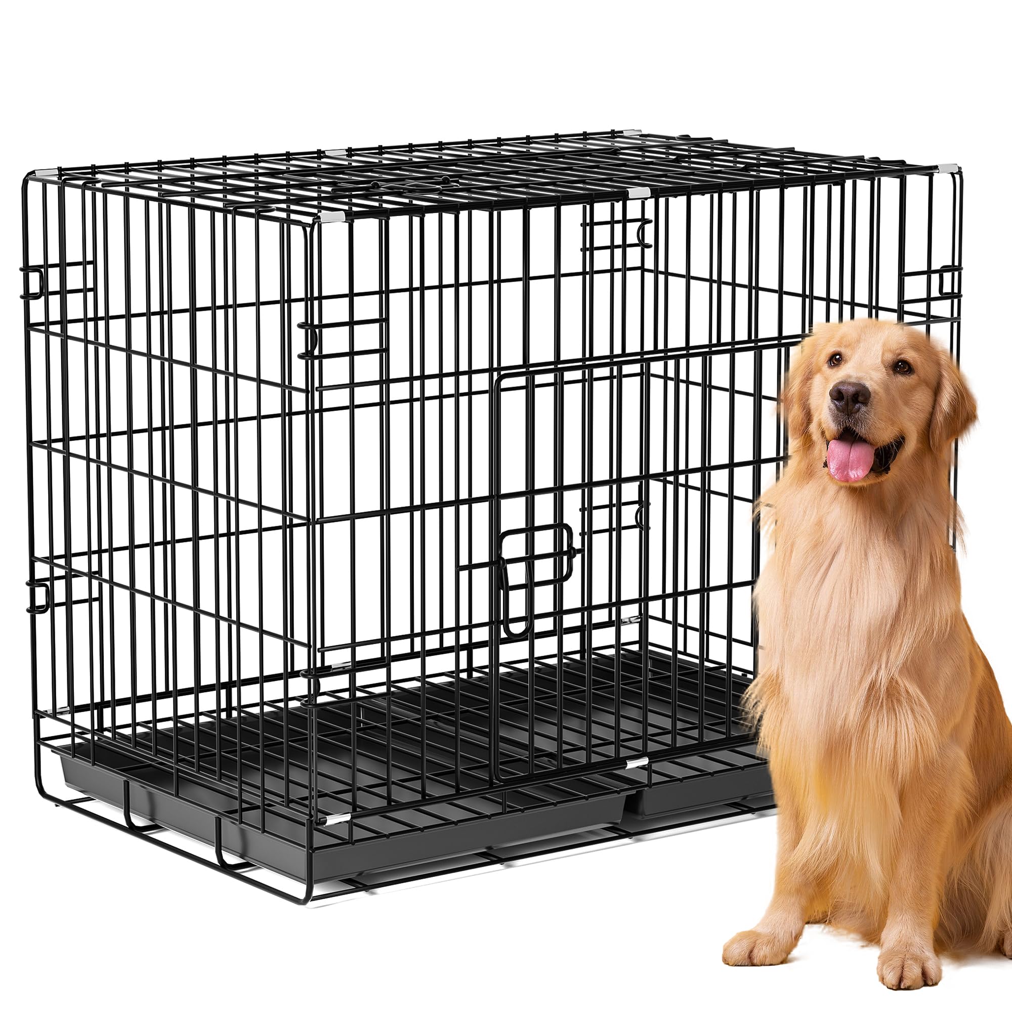 Dog Crate Extra Large Size, Folding Pet Cage, Dog Cage with 2 Doors, Removable Plastic Base Tray (100x60x70cm)