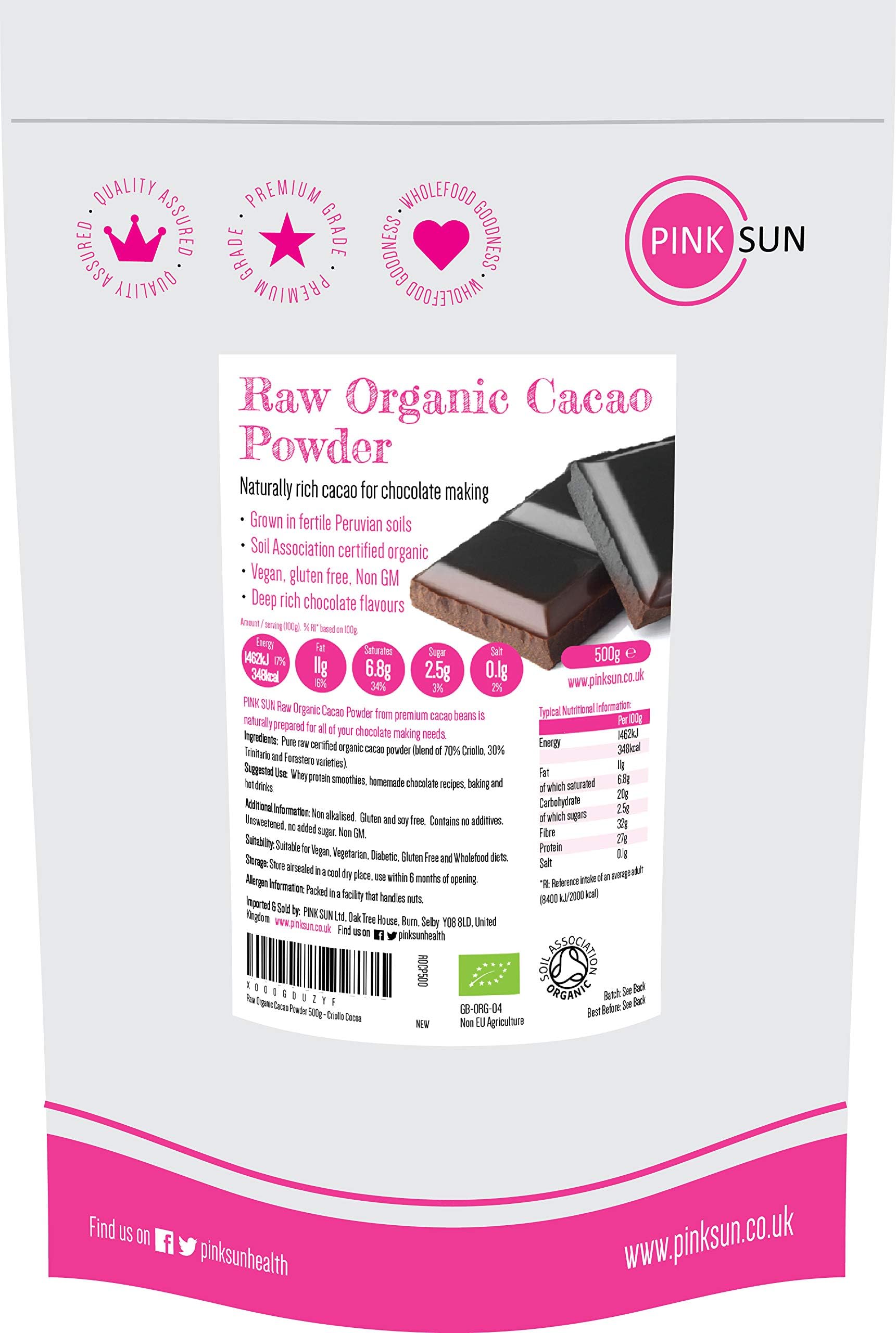 PINK SUN Raw Organic Cacao Powder 500g (or 1kg, 2kg, 3kg) Unsweetened Drinking Chocolate Natural Criollo Cocoa Sugar Free Gluten Free Vegan Vegetarian
