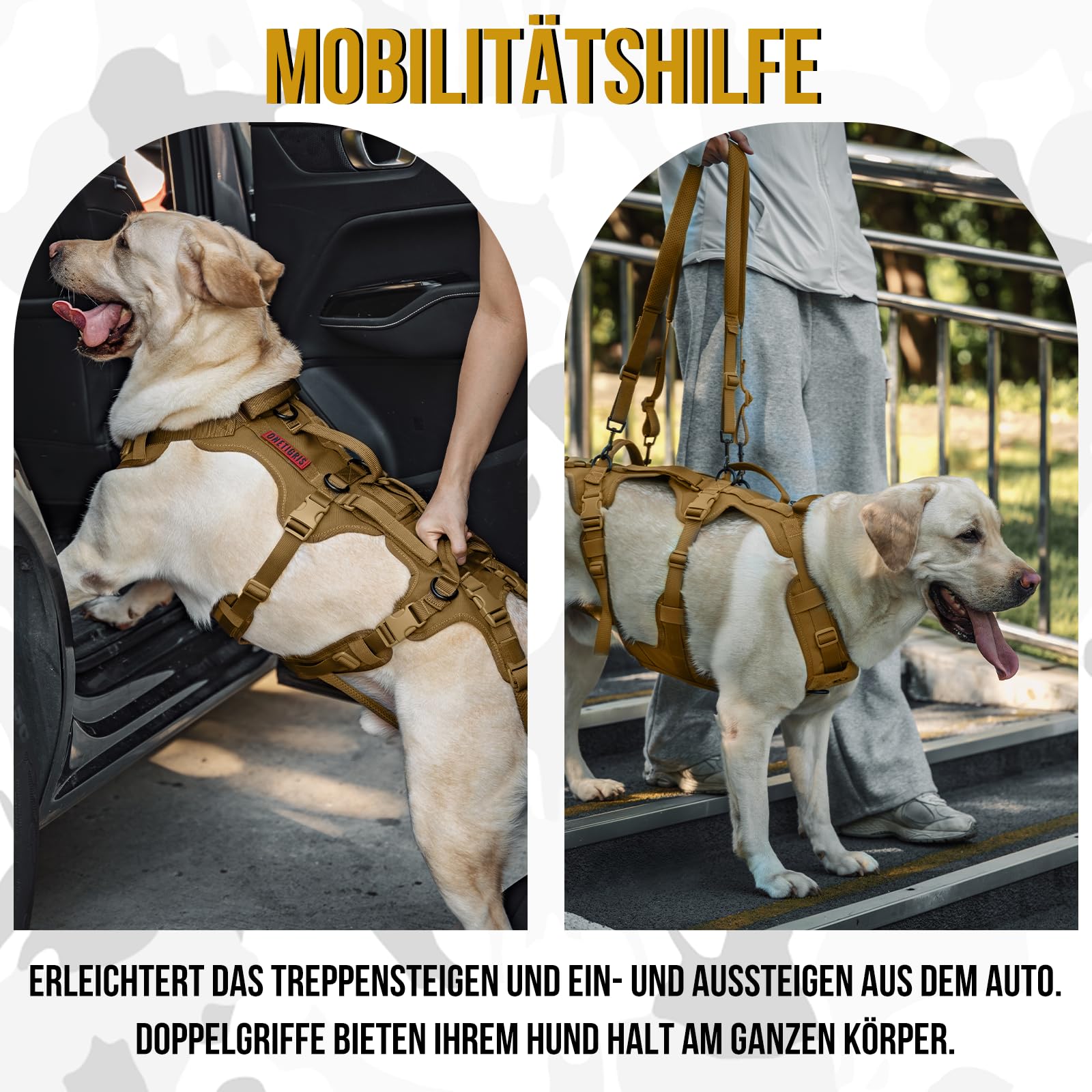 OneTigris Hundegeschirr, Tragehilfe Hund Ganzkörper Mit 2 Schultergurte Abnehmbares, Hund Tragehilfe Verstellbare Rückenlänge für Rüden und Hündinnen, Sicherheitsgeschirr mit 3 Griffen, Braun XL