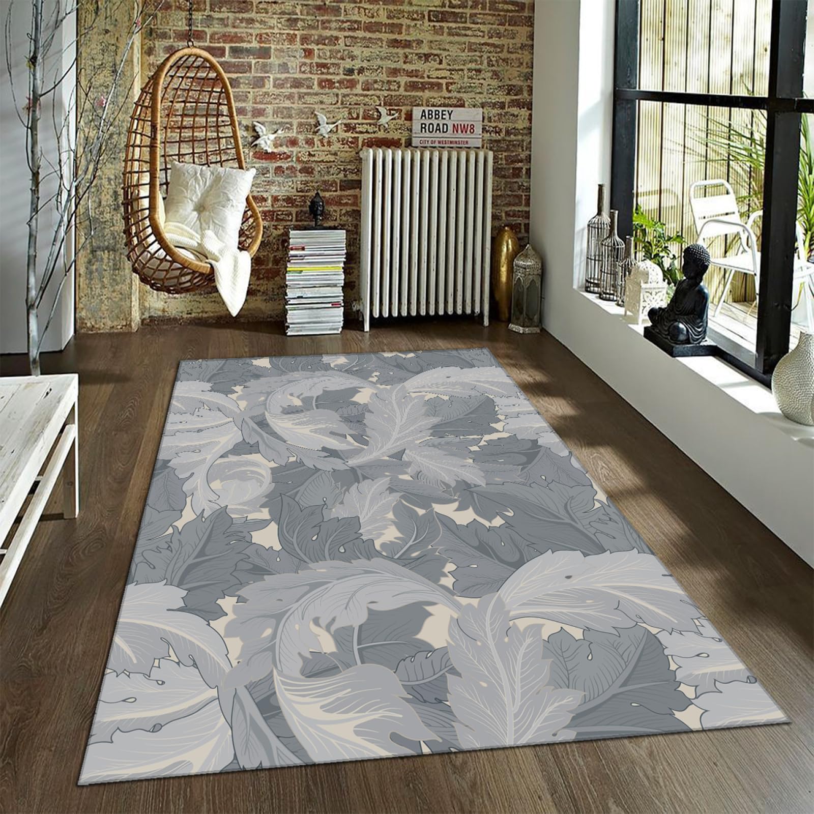Tapis antidérapant grand format imprimé feuilles style Morris