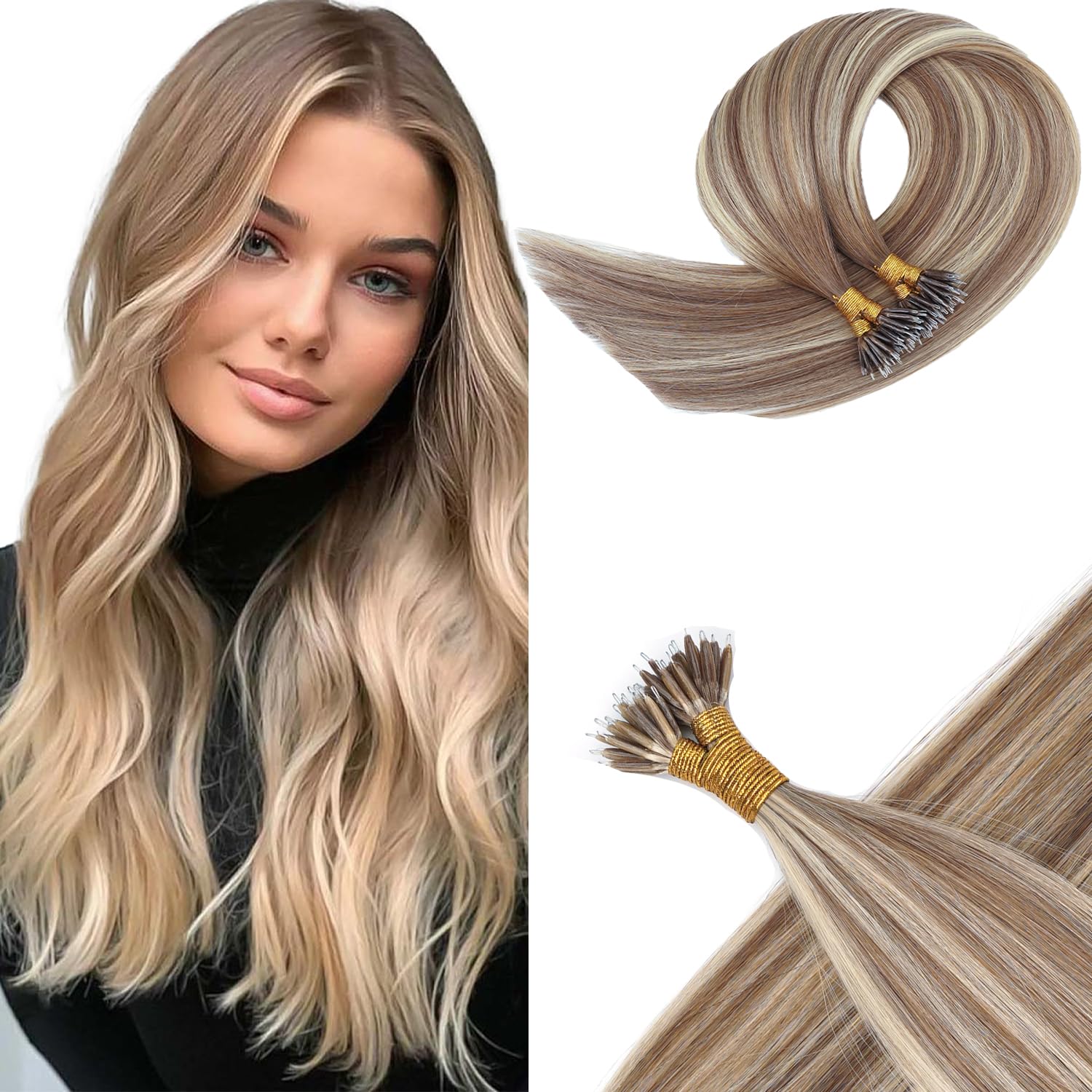 KOCONI 18 Inch Nano Ring Hair Extensions Real Human Hair Nano Beads Remy Human Hair Extensions Blonde Nano Extensions Light Brown Mixed Platinum Blonde Highlight 1g/S Nano Beads Hair 50g 9A/60