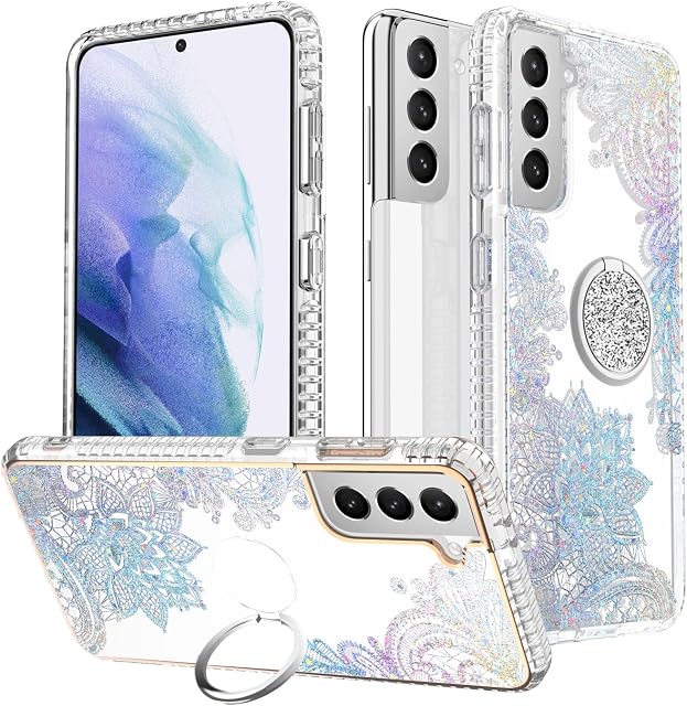Laurraine Case Compatible with Samsung S22 5G, Luxury Shiny Marble IMD Slim Case, Gold Glitter Marble Design with 360 Degree Swivel Ring Stand for Galaxy S22 5G (Silver)