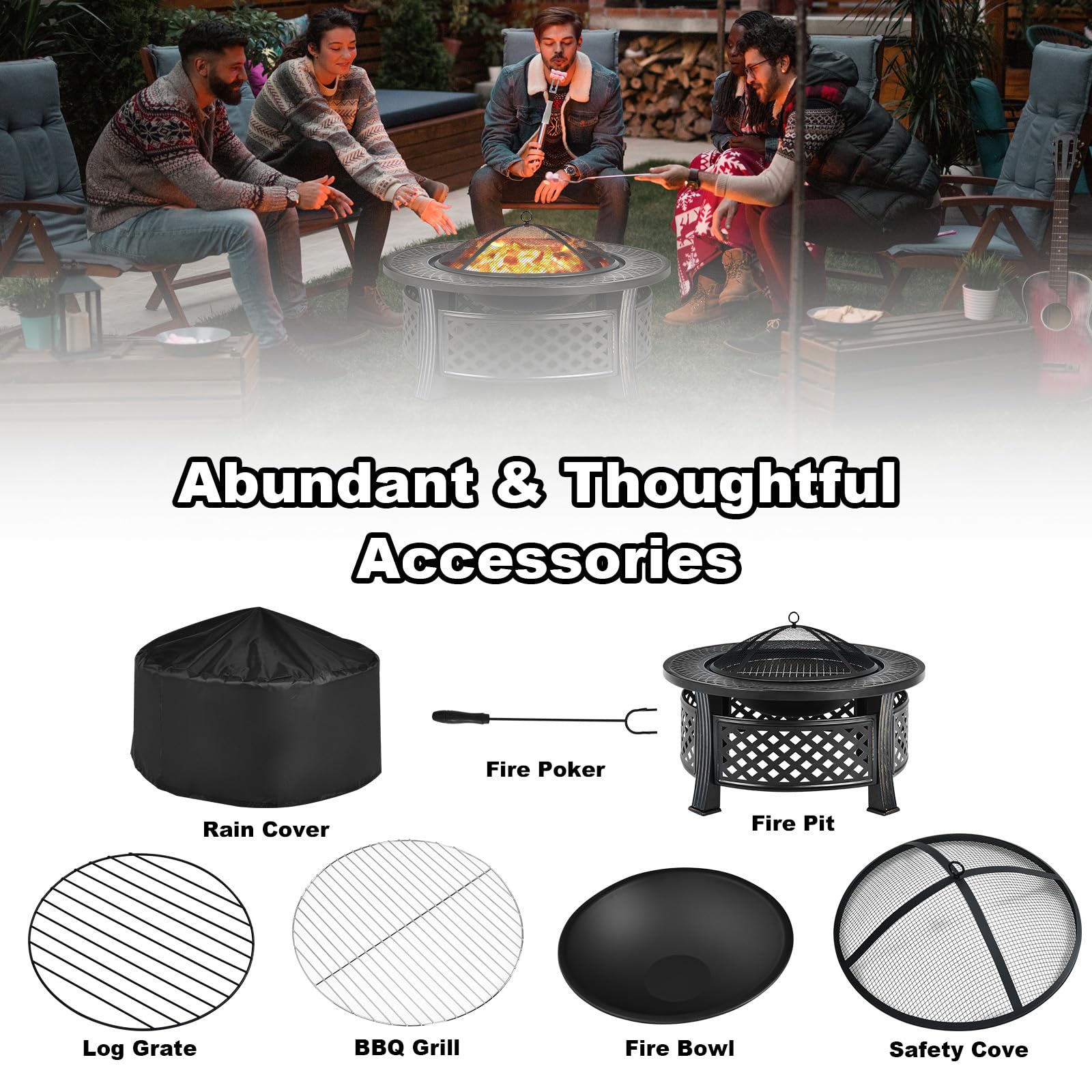 KOMFOTTEU Braciere da esterno con coperchio di sicurezza, Braciere da barbecue 3 in 1 con copertura impermeabile, per giardino, campeggio, picnic, φ81 x 50 cm (H), nero