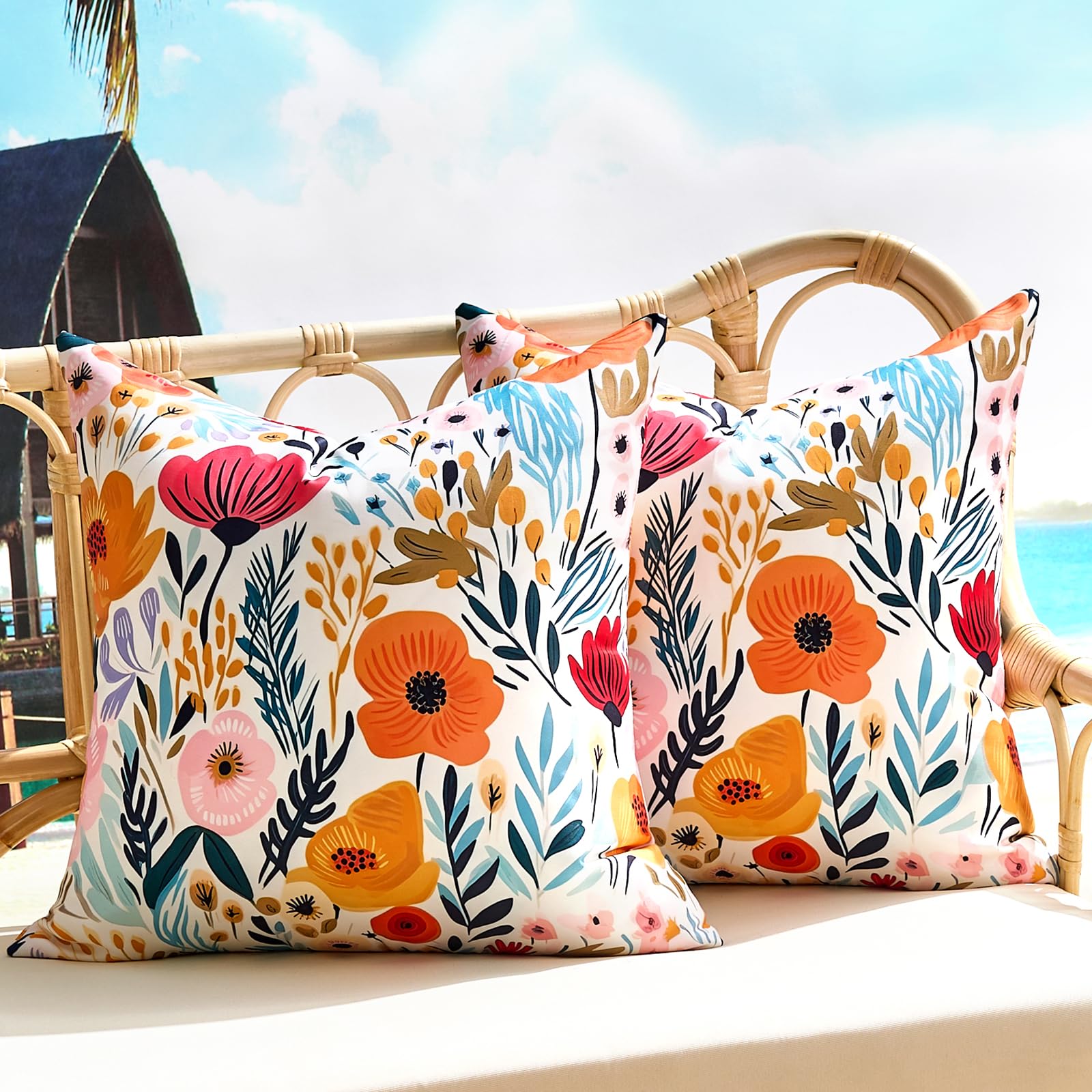 Cushion Covers 45cm x 45cm Waterproof Outdoor Cushion Covers Farmhouse Wildfloral Set of 2 Multicolor Orange Pink Flowers Leaves Beauty Floral Blossom Garden Pillowcases Summer Decoration for Garden — image 1
