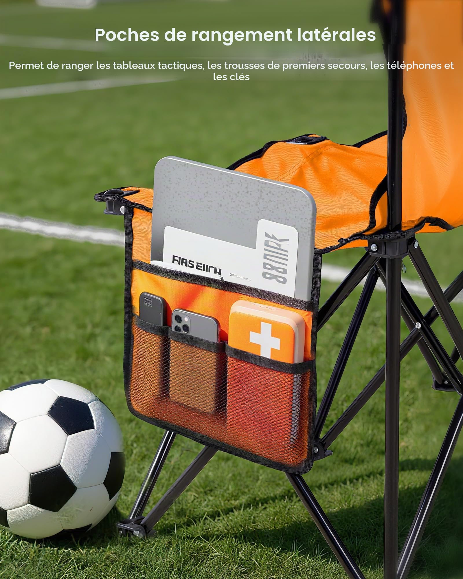 VEVOR Banc pliant portable à 6 places, banc de camping pliable avec poches de rangement et sac de transport, siège latéral léger avec dossier pour football, baseball et événements en plein air, orange