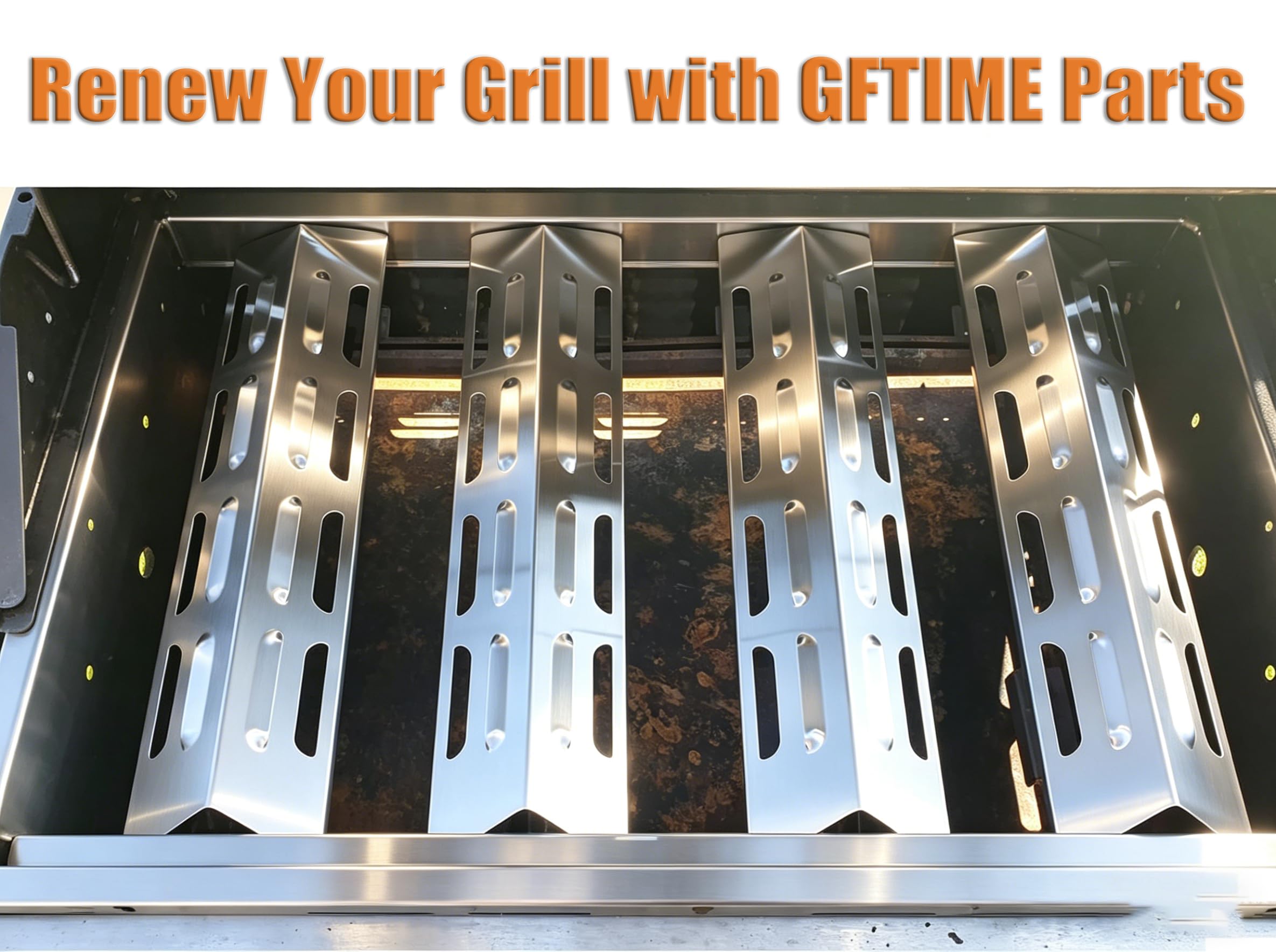 GFTIME 41 cm x 10 cm płyta grzejna do Kenmore, Master Forge, idealny płomień, dyfuzor ciepła ze stali nierdzewnej grill gazowy część zamienna do Outback, większości modeli grilla, 4 sztuki