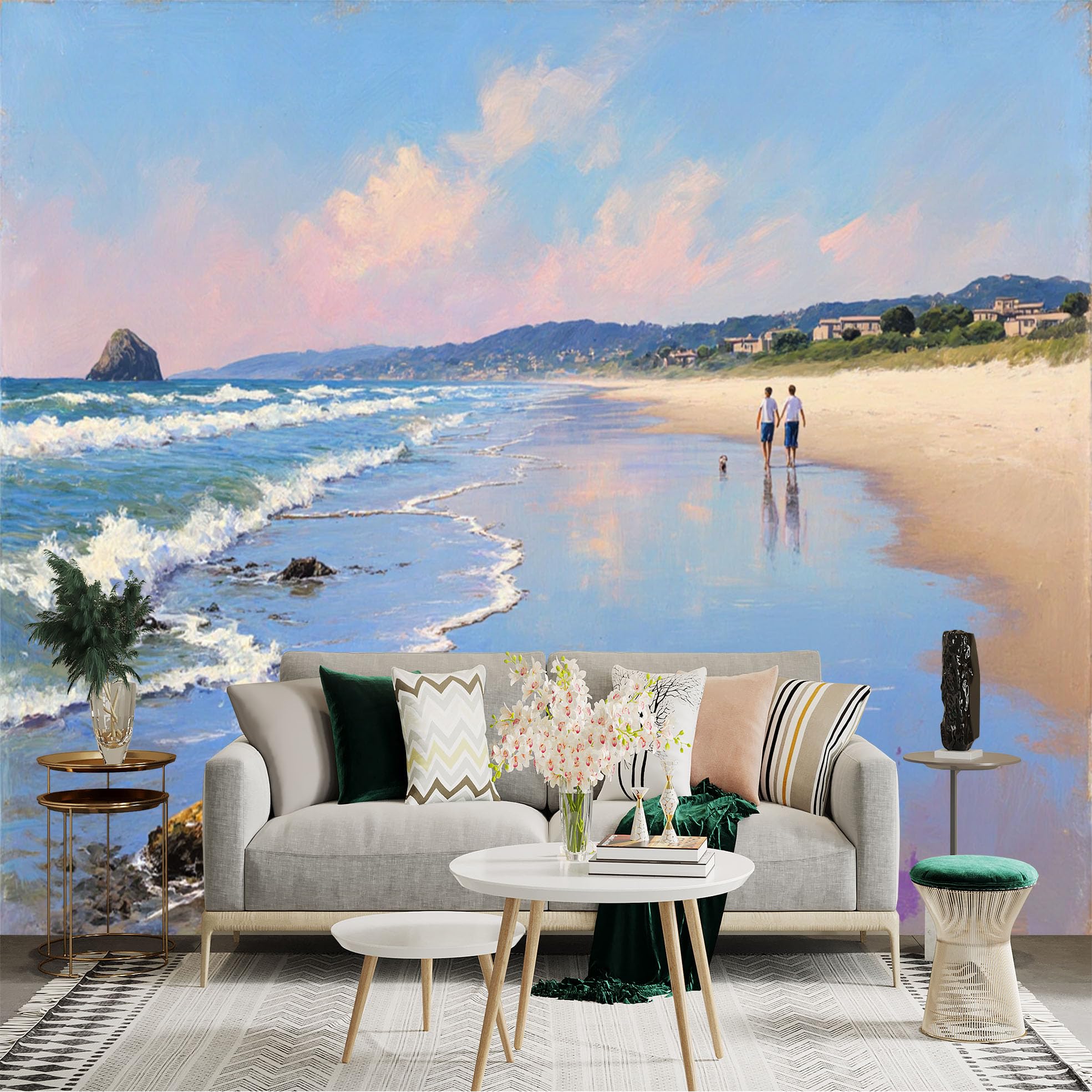 Custom Size Wall Sticker Mural， Peaceful Beach Scene with Couple Walking and Dog， Ocean Waves and Blue Sky， for wall Decoration， peelandstick wall Decals.