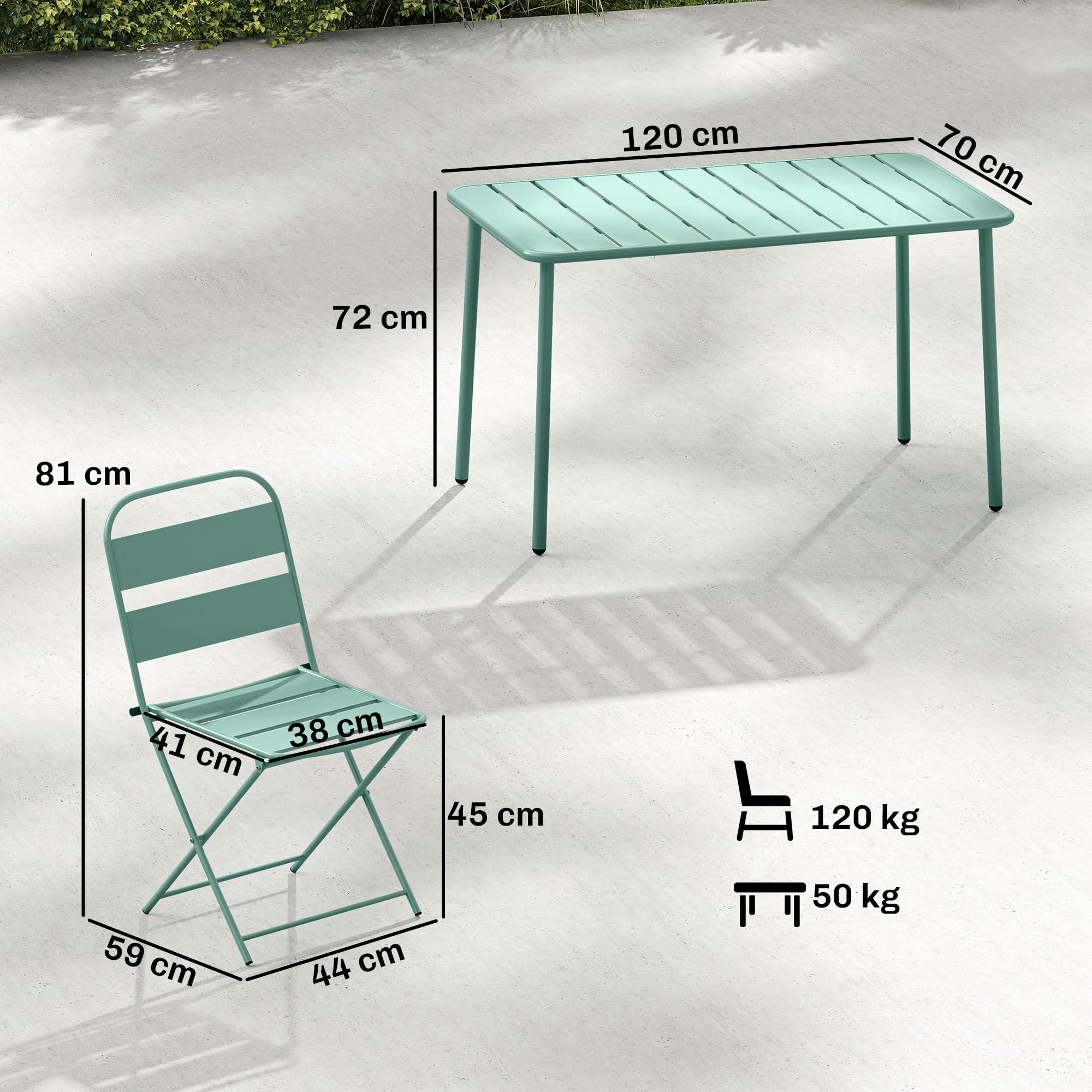 Outsunny Ensemble de Salle à Manger Extérieur 5 Pièces, 4 Personnes, Plateau à Lattes, Chaises Pliantes, Cadre Antirouille, Vert Clair