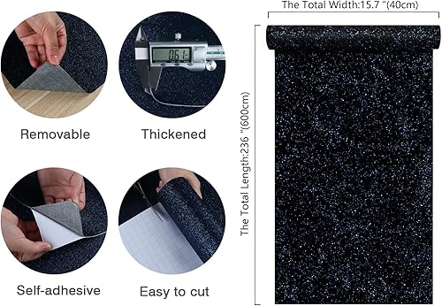 Vista 44 de CHIHUT Papel tapiz de contacto con purpurina plateada de 15.7 x 236 pulgadas, papel tapiz autoadhesivo con purpurina plateada, rollo de papel