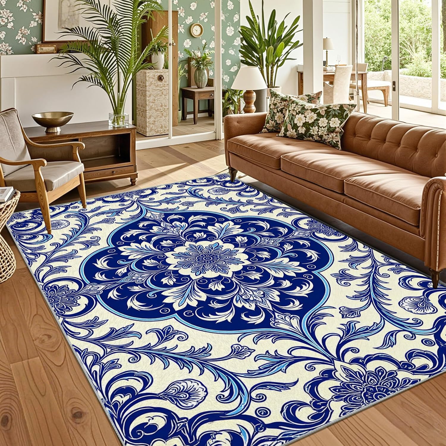 Tapis Salon Lavable Machine Bleu et Paillasson Fin Absorbant Style Baroque