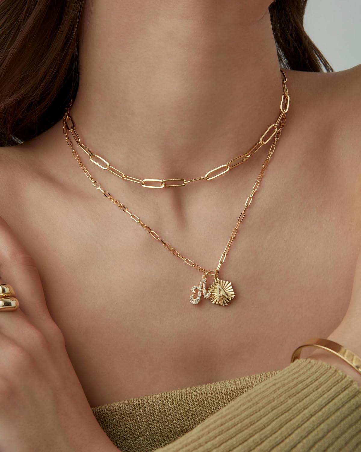 PAVOI 14K Gold Plated Dainty Hexagon Initial Letter Pendant Layered Necklace Jewelry Gift for Women | Paperclip Layering Chain Necklace - Image 4