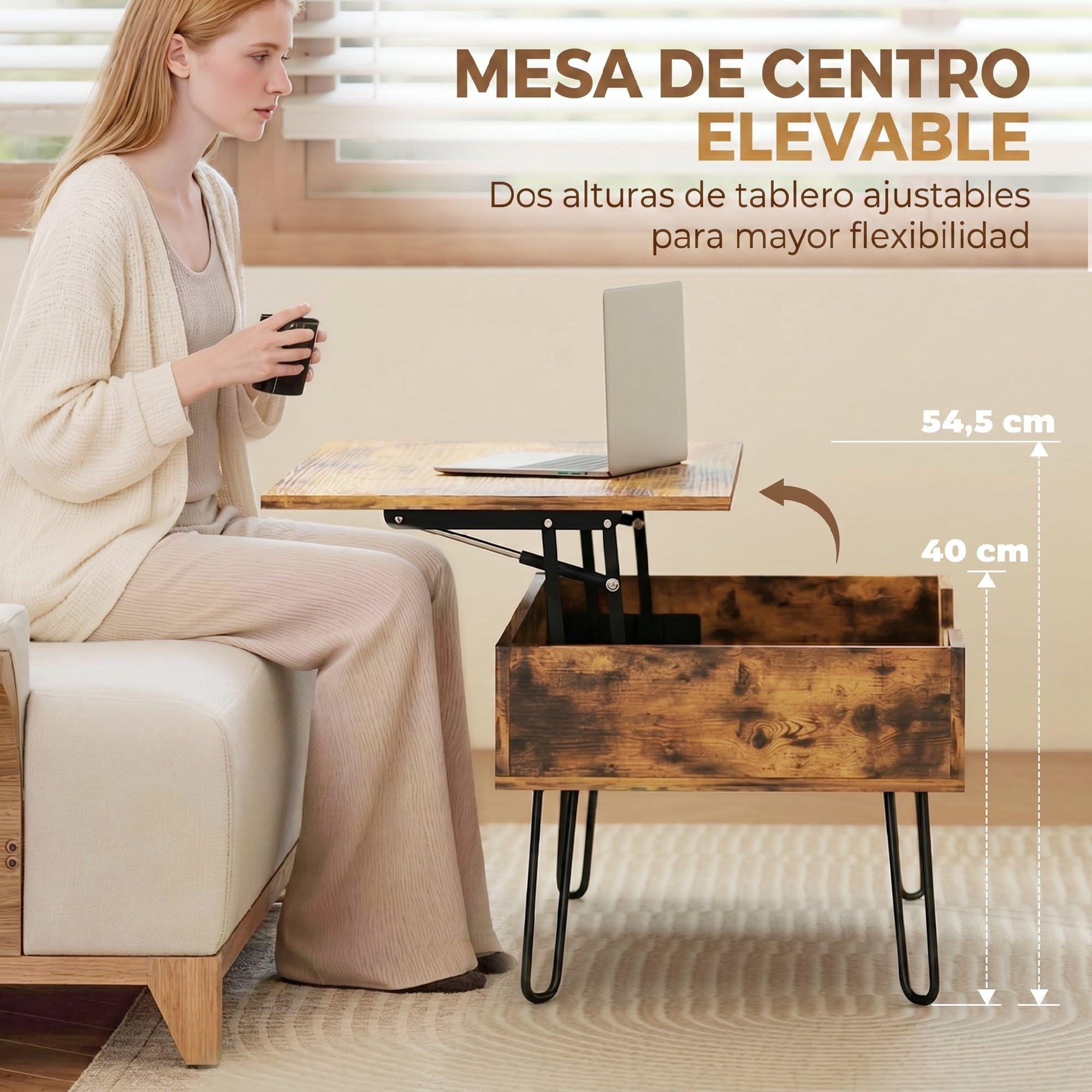 HOMCOM Mesa de Centro Elevable, Mesa de Café para Salón con Compartimento Oculto, Patas de Acero para Sala de Estar, Comedor, 95x50x40 cm, Marrón Rústico