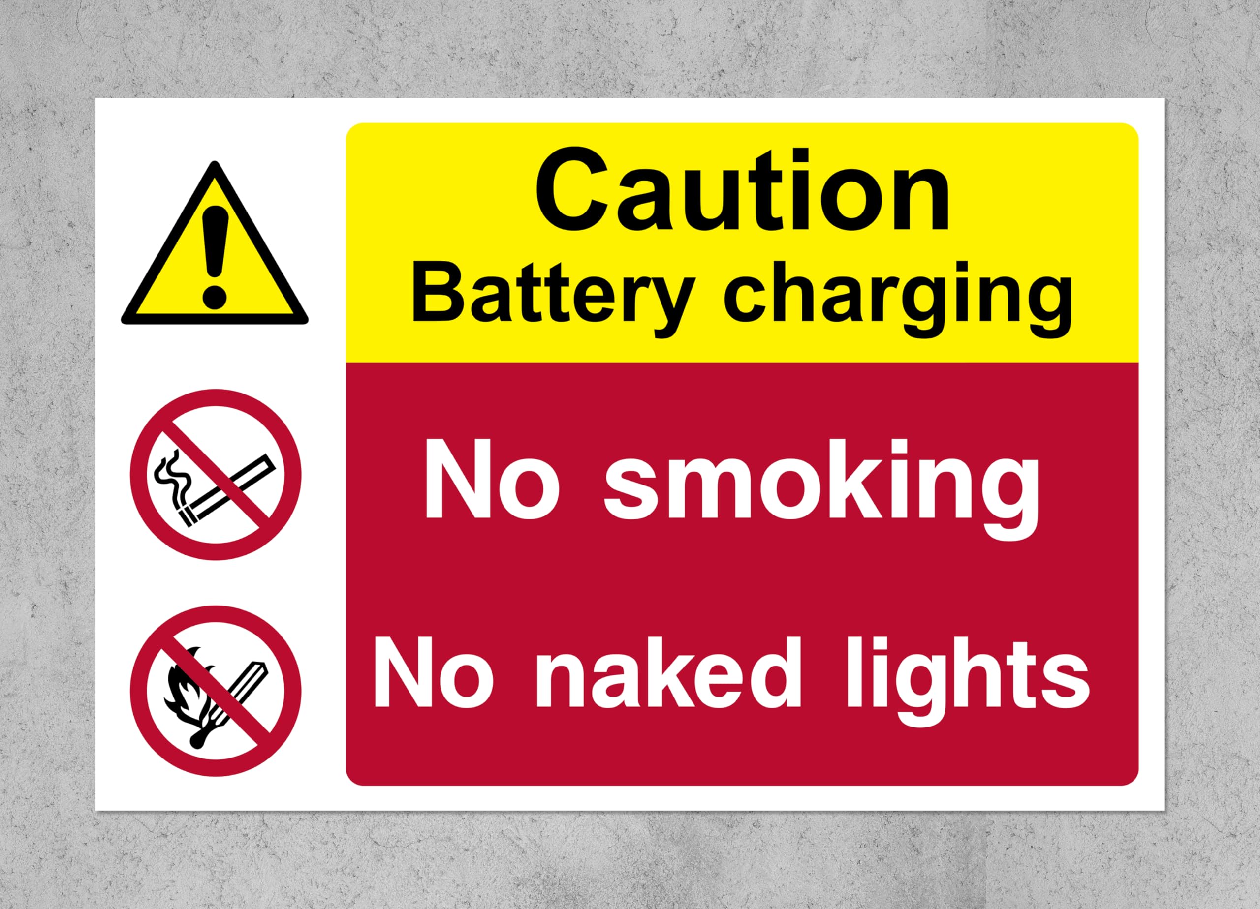 Caution battery charging no smoking no naked lights safety sign - 3mm Aluminium sign (400mm x 300mm)