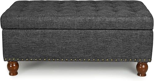 Miniatura 99 de Adeco Otomana de almacenamiento, banco tapizado rectangular de piel sintética con patas de madera, reposapiés, mesa de café para sala de estar,