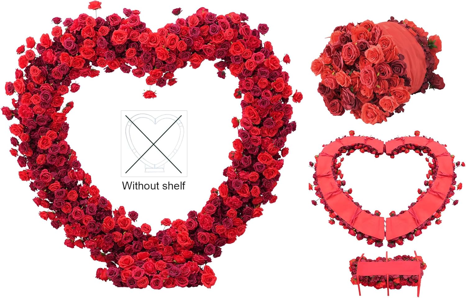 Fabric Cloth Base Dark Red & Red Artificial Flower Arrangement Decorative Heart Shape Wedding Arch Backdrop Marriage Proposal Outdoor Party Event Decoration (Without Stand)