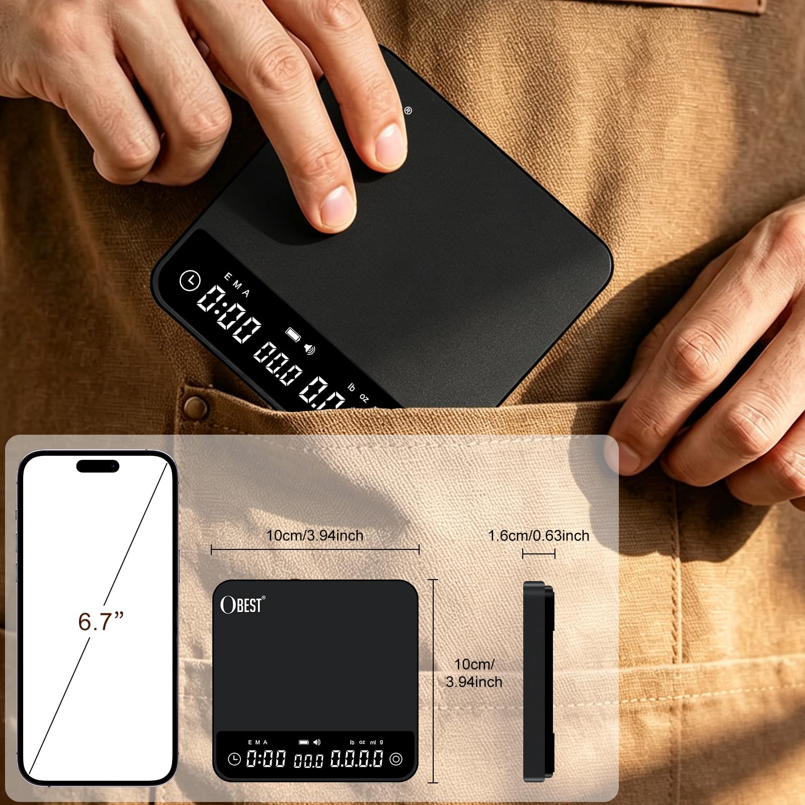 OBEST Balance Numérique à Café avec Minuterie,Précision 0.1g/2kg,4 Modes d'Infusion,Rapport d'Infusion Personnalisable,Tarage Automatique,Balance de Café Numérique pour Verser, Expresso, Presse