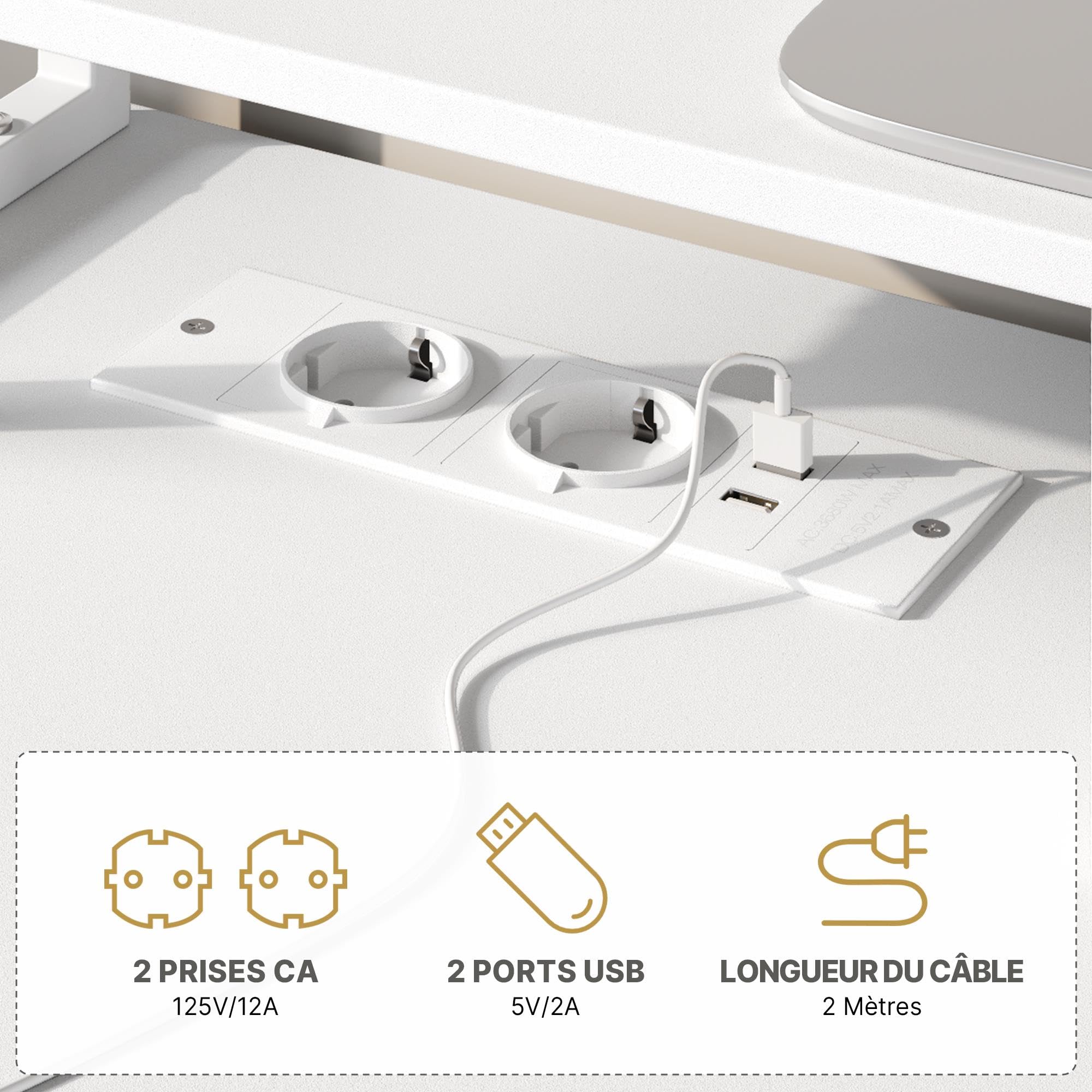 Abician Bureau d'angle Réversible, 140x68cm, avec Port De Charge USB, Blanc