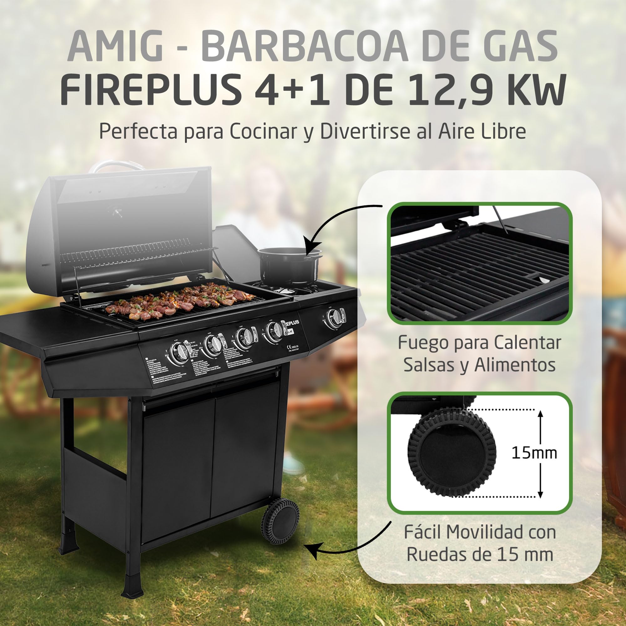 Amig - Barbacoa de gas Fireplus 4+1 de 9,3 kW - Acero inoxidable Negro - Parrilla con ruedas Modelo GRILL-4F - Barbacoa XXL con carro y termómetro - 126x52x103 cm - 5 quemadores y Bandeja lateral