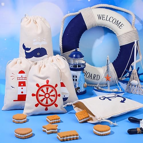 Miniatura 6 de Paquete de 24 bolsas de regalo náuticas de algodón con cordón de anclaje náutico, regalos temáticos para niños y niñas, cumpleaños, boda, playa,