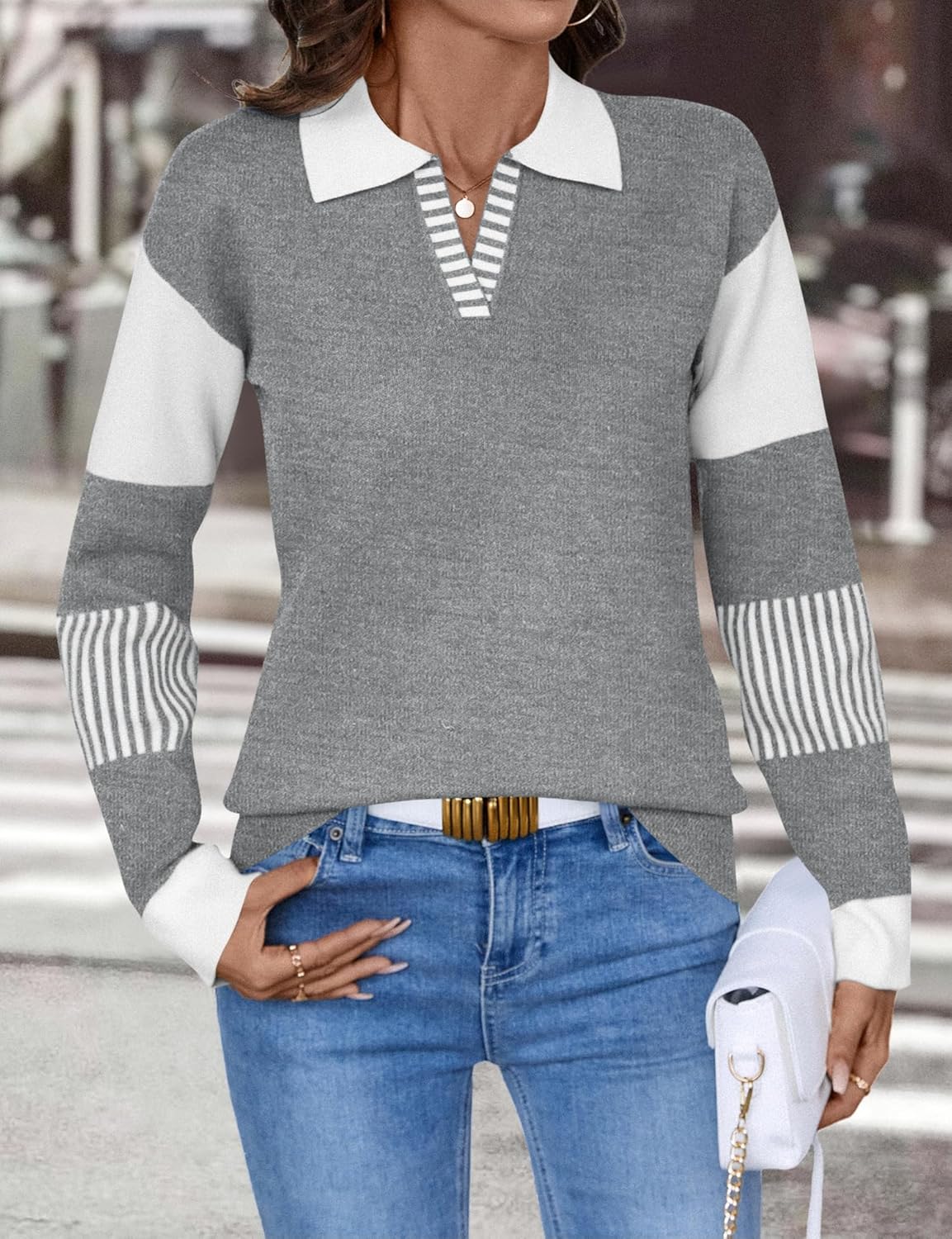 LOMON V Neck Long Sleeve Loose Sweaters Color Block Striped Knitted Pullover Jumper Tops - Image 5
