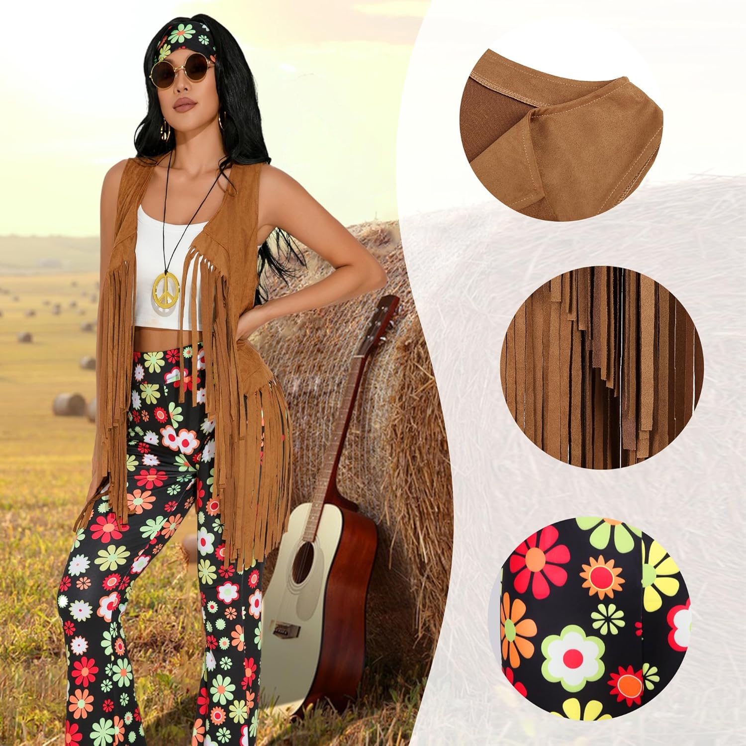 GERVAISE Womens 60s 70s Outfit Disco Hippie Costume Fringe Vest Boho Pants Accessories Set - Image 2