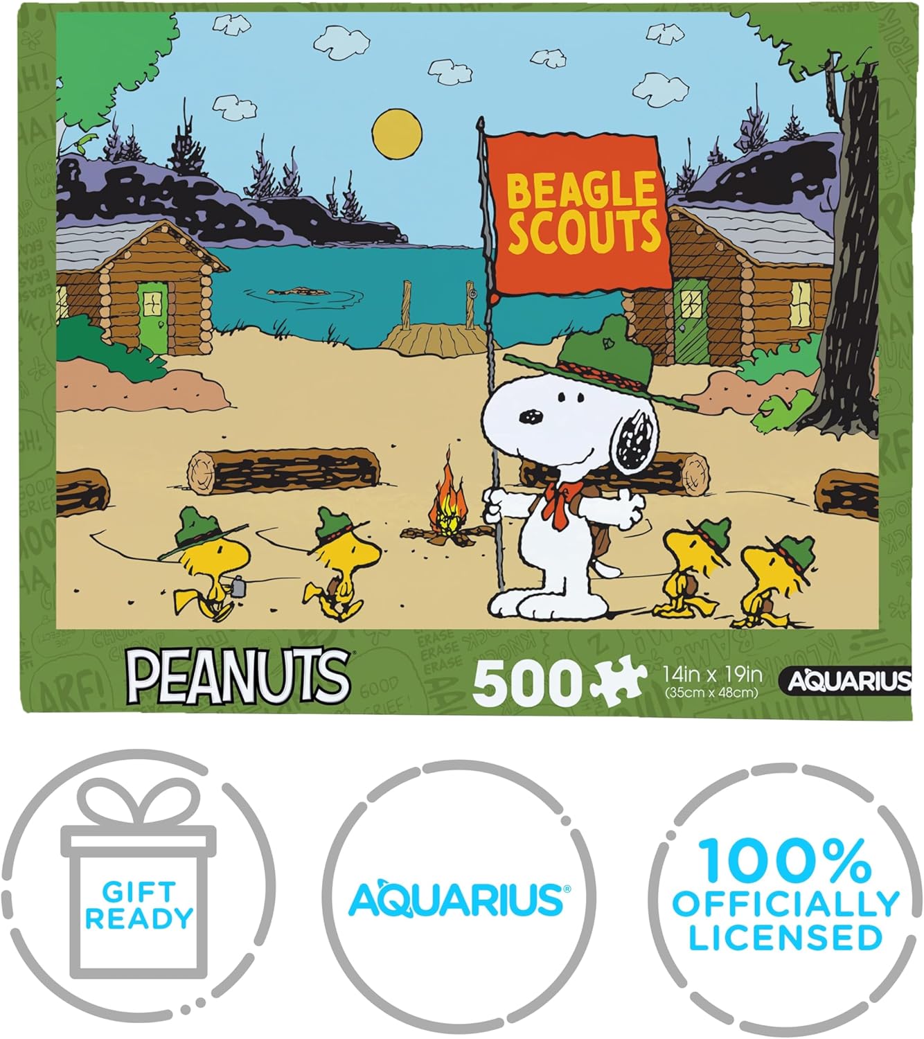 AQUARIUS Peanuts Snoopy Camp Beagle Scouts 500 Piece Jigsaw Puzzle for Adults and Kids – Woodstock Camping Cartoon Collectible 14"x19" – Gift Officially Licensed