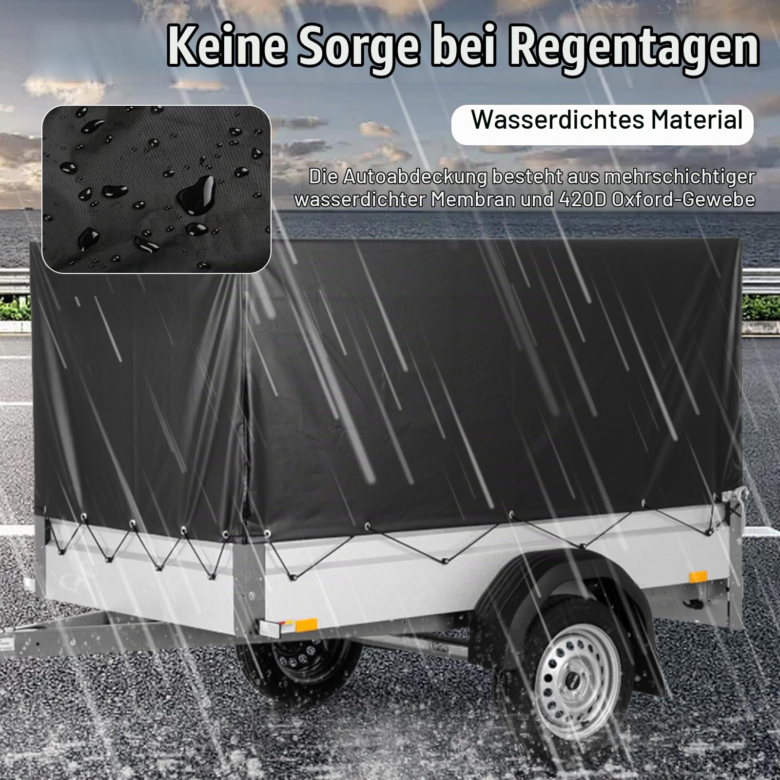 Anhängerplane 210x114x90cm, 420D PVC Material Anhänger Plane mit ösen und planenseil Reflexstreifen Verstärktes Ösen Wasserdicht Sonnenschutz Abdeckung Abdeckplane Gewebeplane für PKW Anhänger