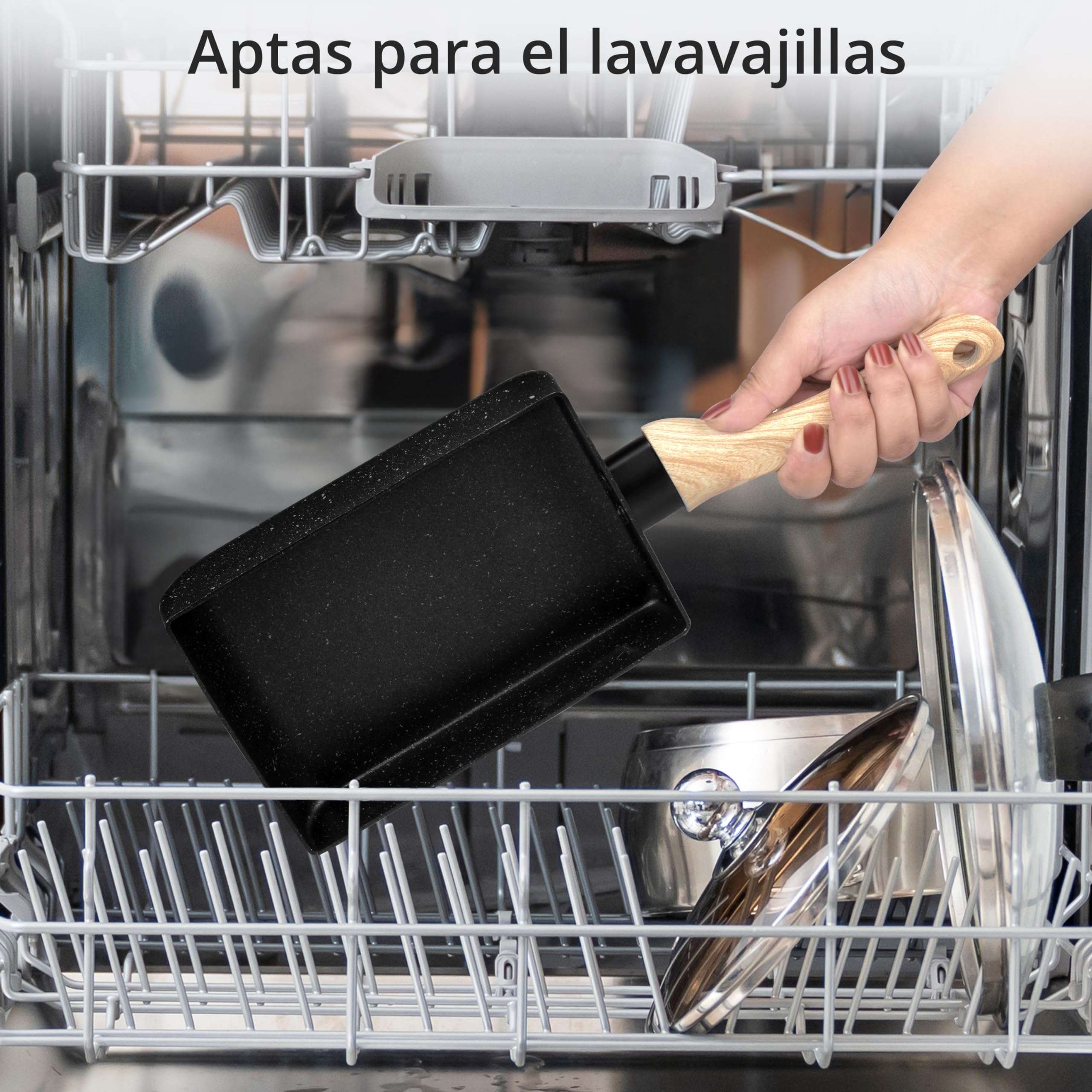 Winter Shore Juego de Sartén Tortilla Japonesa - Sarten Antiadherente Rectangular para Tamagoyaki con Mango de Madera - Incluye Plato, Cepillo para Aceite, Espátula, Palillos - Utensilios de Cocina