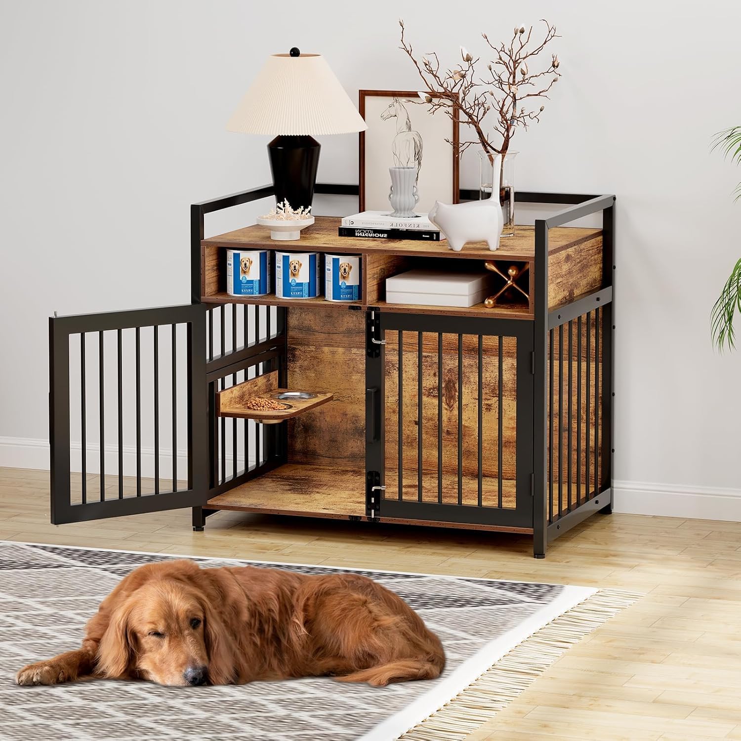 41 Inch Wooden Dog Crate Furniture for Small-Medium-Large Dogs, Heavy Duty Dog Kennel Furniture Indoor with 2 Open Drawers, Rustic Kennel with Two Stainless Steel Bowls & Adjustable Raised Feeder