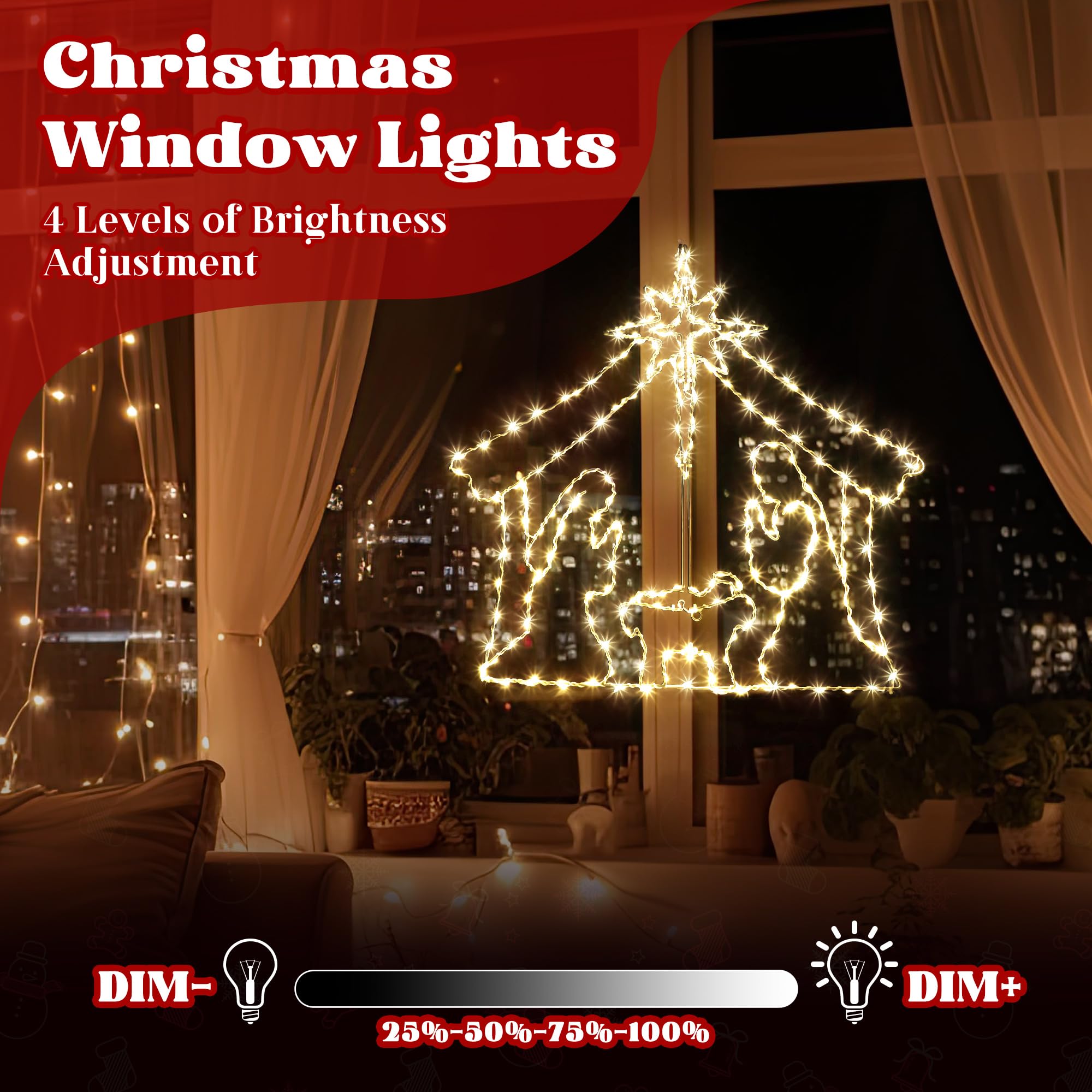 Luces de Navidad para ventana de 31 pulgadas, gran escena iluminada con 260 LED, estrella de Belén, luces de ventana de Navidad, enchufe para decoración de día festivo, al aire última