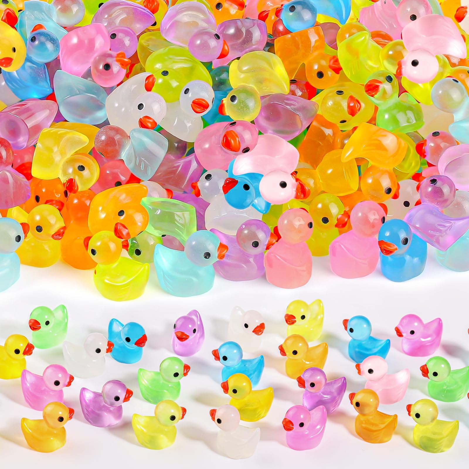 WIURGOHA 150PCS Mini Tiny Resin Ducks Little Miniature Plastic Small Ducks Bulk Glow in The Dark Figures for Dollhouse Decor Accessories Garden Micro Landscape Aquarium Potted Tiny Homes (10 Colors)