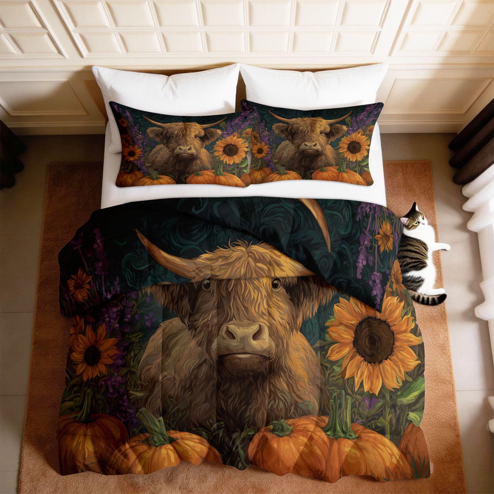 Piumino in stile rustico ad acquerello, senza rivestimento, 135 x 200 cm, motivo floreale, bovini, girasole, 4 stagioni, reversibile, morbida e soffice, per tutto l'anno, lavabile, con 2 federe