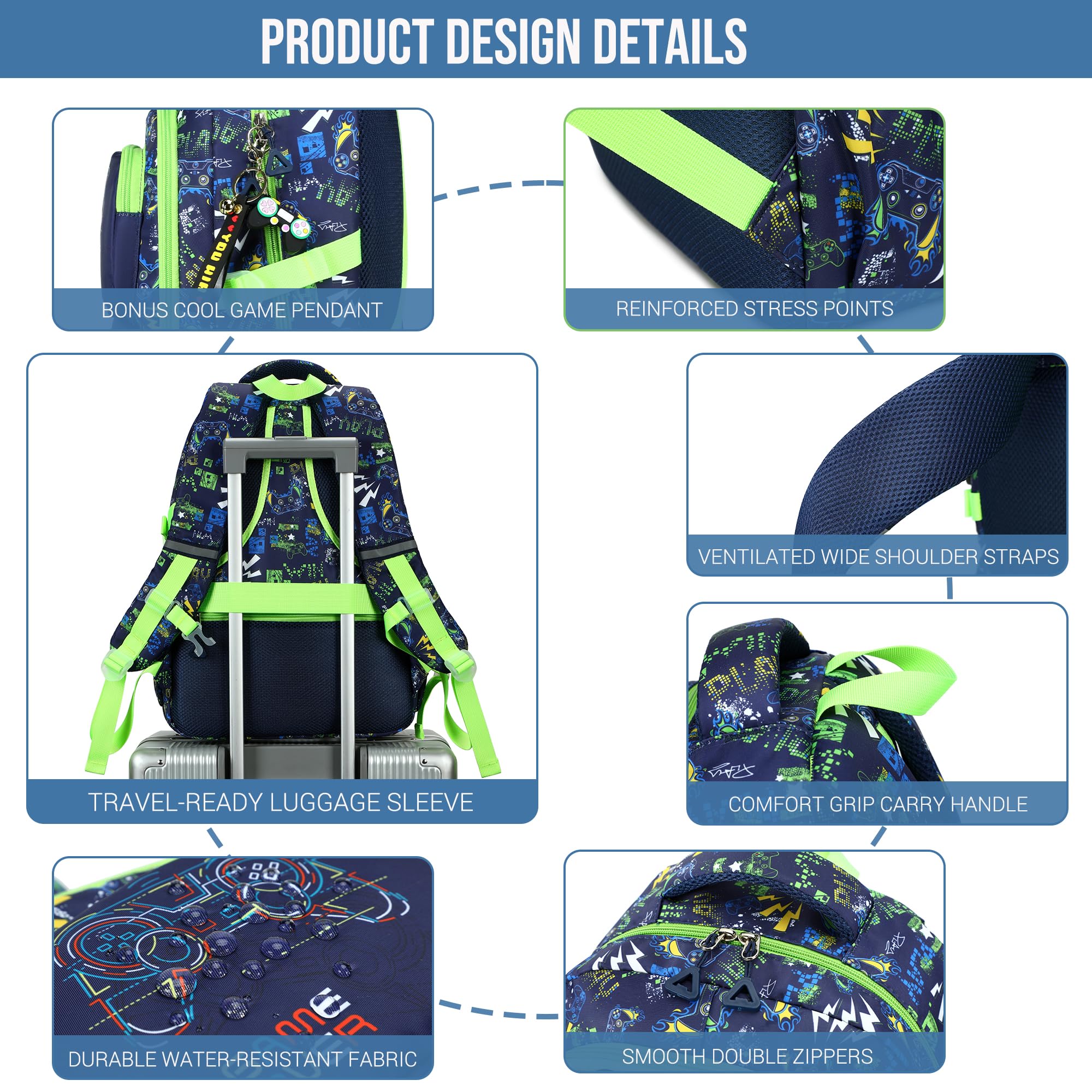 Makukke Schulrucksack Set für Teenager Jungen, Gamer Schultaschen mit Brotdose und Federmäppchen, Geschenke Coole Schulranzen für Grund und Mittelschüle