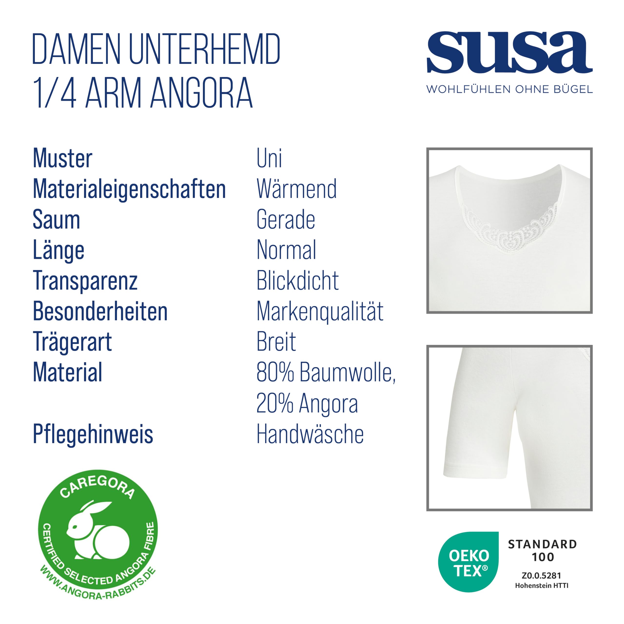 SUSA Unterhemd Damen 1/4 Arm Angora I Weiche Unterwäsche für Frauen aus Baumwolle & Angorawolle I Wunderbares Hautgefühl I Mit guter Wärmeisolation